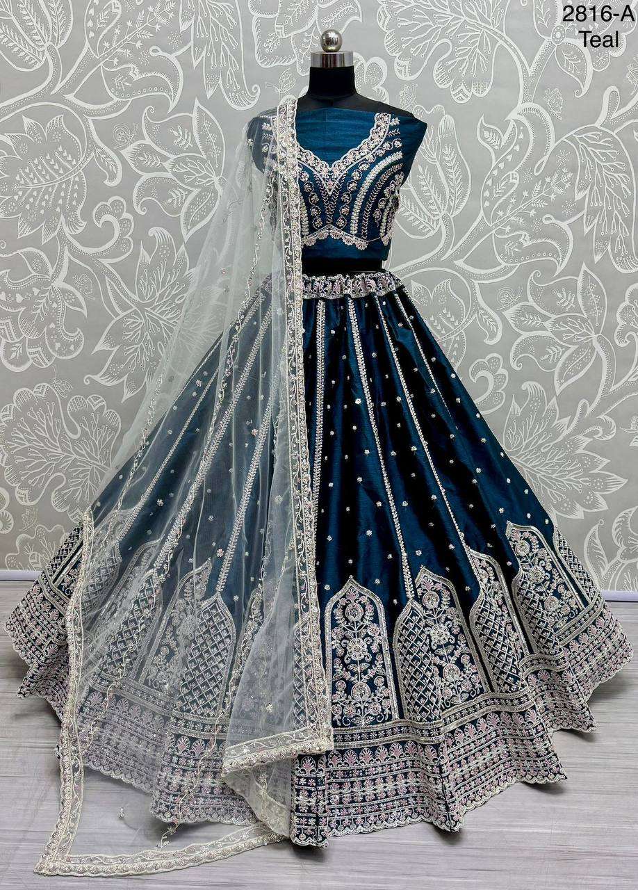 2816 BLUE UMBRELLA STYLE SILK BRIDAL LEHENGA CHOLI WEDDING W...