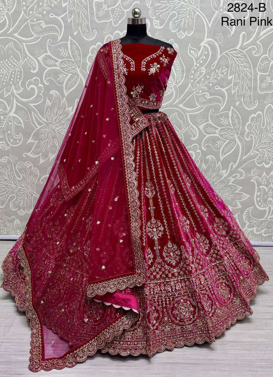 2824 BRIDAL VELVET WORK LEHENGA CHOLI DOUBLE DUPATTA WEDDING...