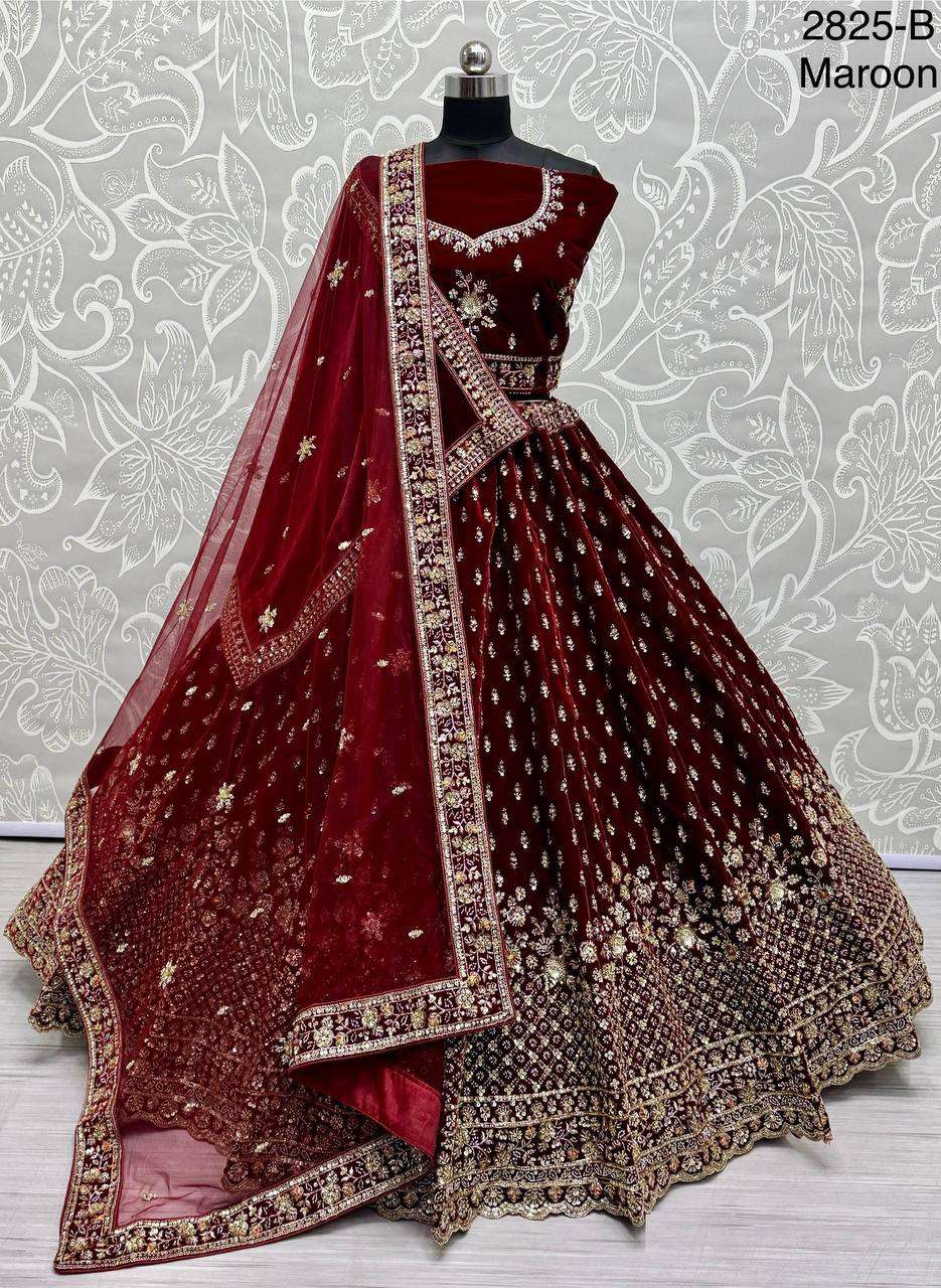 2825 BRIDAL VELVET MAROON HEAVY EMBROIDERY LEHENGA CHOLI STI...