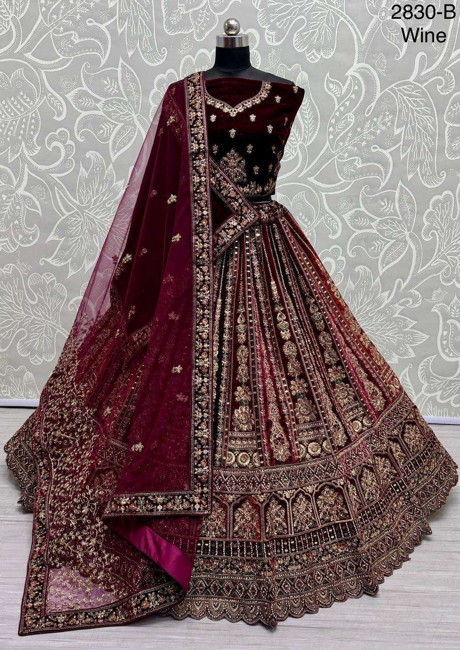 2830 INDIAN WEDDING WINE & RANI VELVET HEAVY WORK LEHENGA CH...