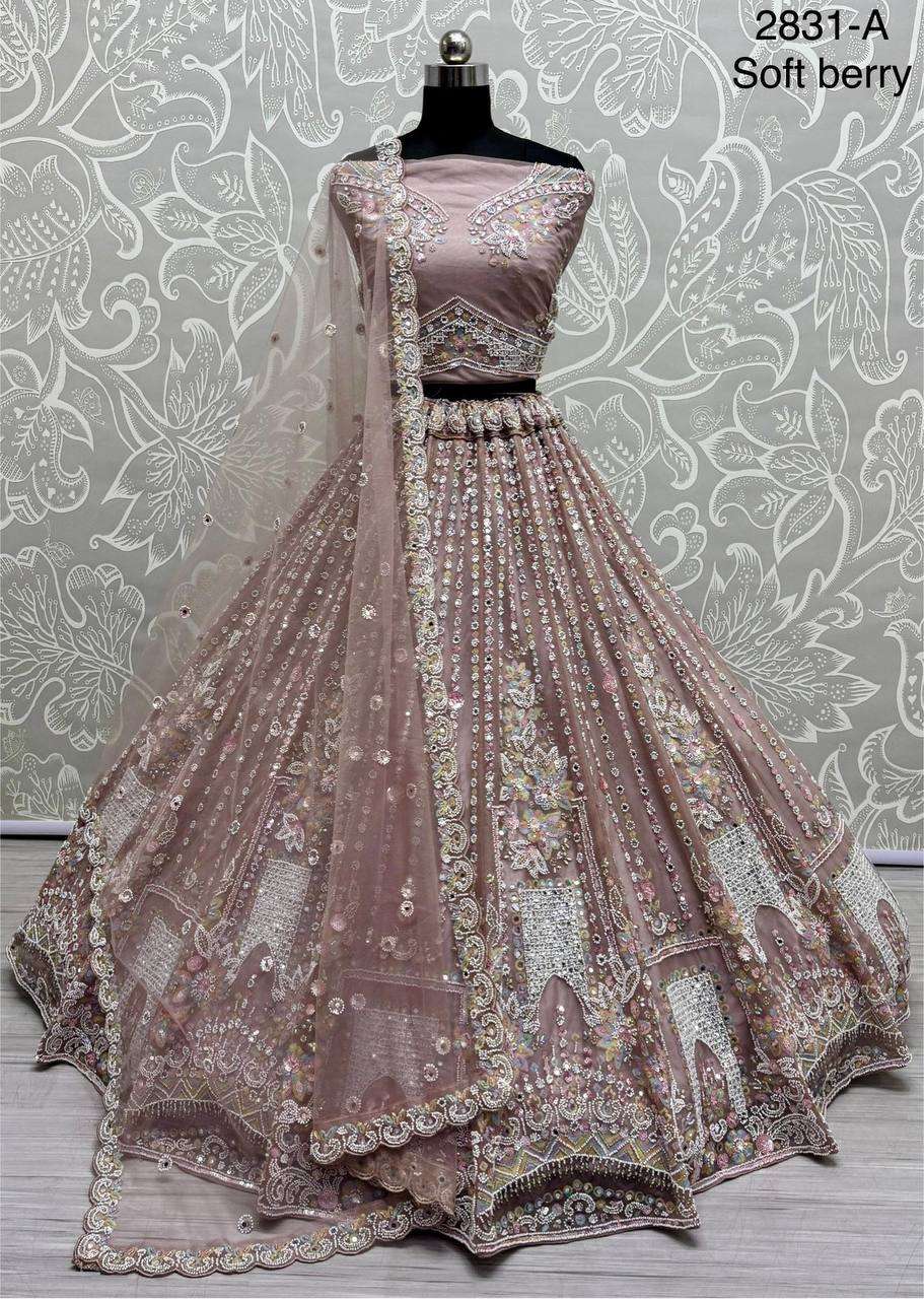 2831 SOFT BERRY HEAVY WORK LEHENGA CHOLI WEDDING RECEPTION S...