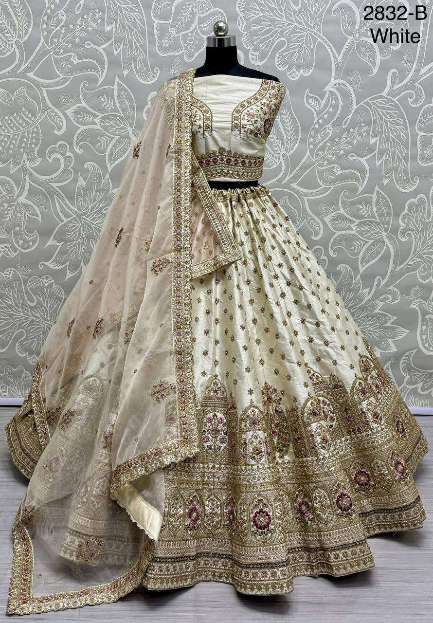 2832 WEDDING WHITE & RED UMBRELLA STYLE SILK BRIDAL LEHENGA ...