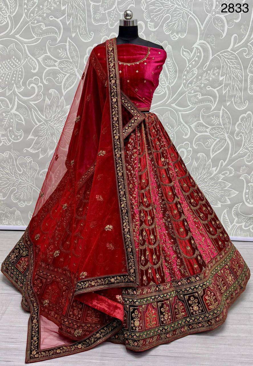 2833 HEAVY RED VELVET EMBROIDERY LEHENGA CHOLI BRIDAL SPECIA...