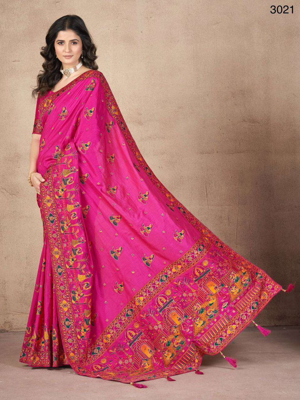 3021 PINK PASHMINA CRAFTED DESIGNER SAREE WEDDING WEAR DEALE...