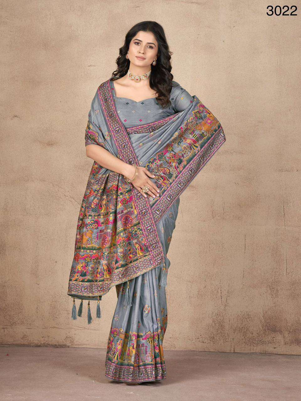 3022 GRAY PASHMINA CRAFTED KHATALI HANDWORK PARTY WEAR SAREE...