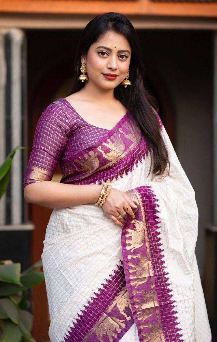 5078 INDIAN FUNCTION WHITE SILK SAREE COLOR BORDER COLLECTIO...