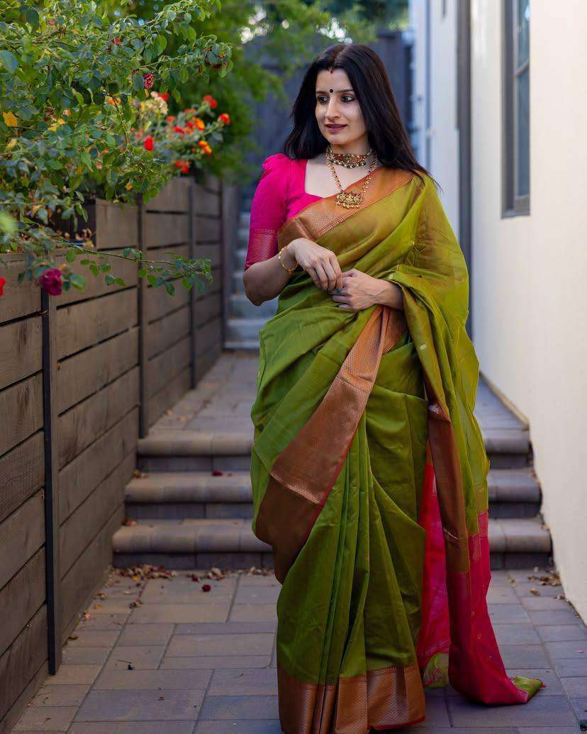 6011 GREEN PINK SILK SAREE WEDDING WEAR INDIAN WOMEN WHOLESA...