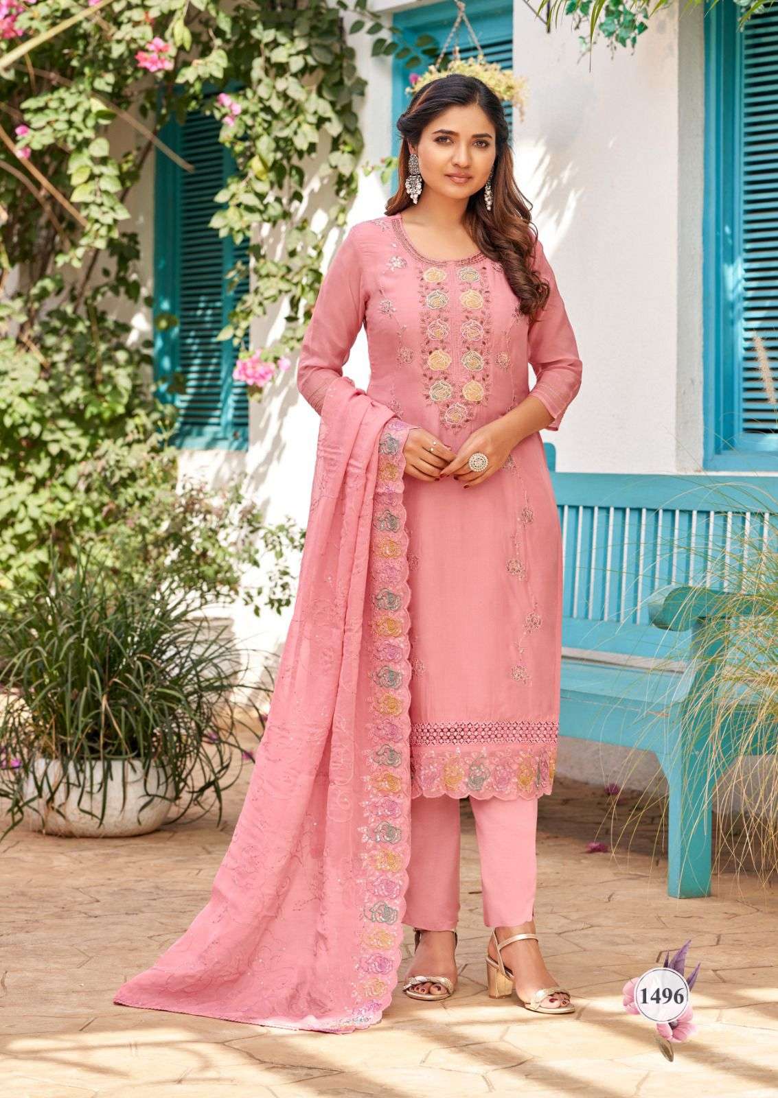 FF 1496 ORGANZA WORK PEACH COLOR SALWAR SUIT READYMADE DEALE...