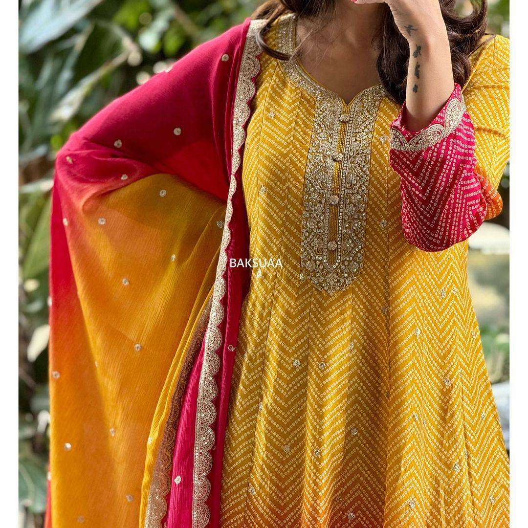 YELLOW  BESUTIFUL COLOR SEQUENCE WORK LONG KURTI SUIT HALDI ...