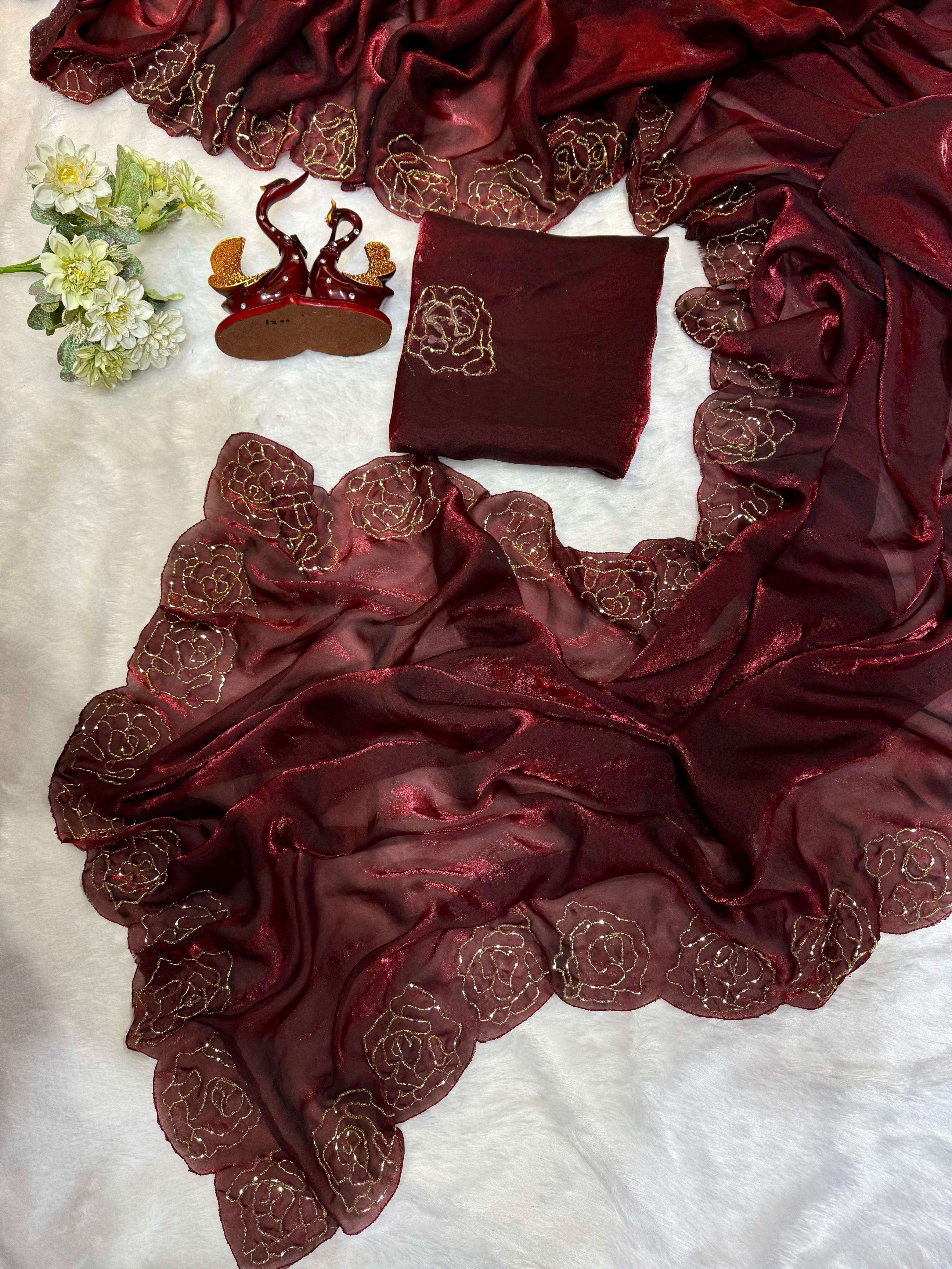 Soft silk with handwork border Maroon shades saree supplier ...