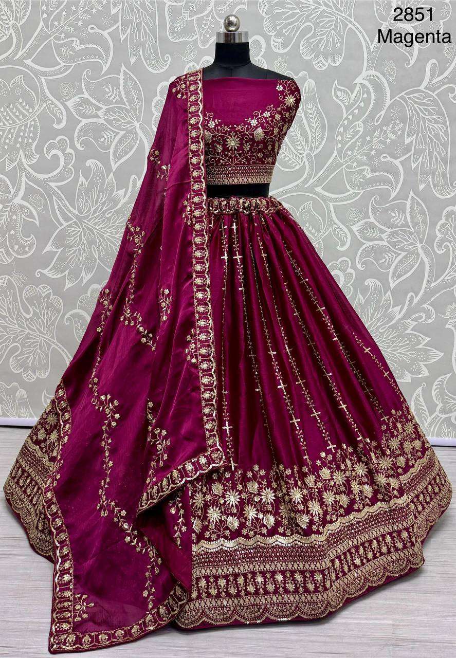 2851BEAUTIFUL GOLDEN WORK SATIN SILK FABRIC LEHENGA CHOLI WE...