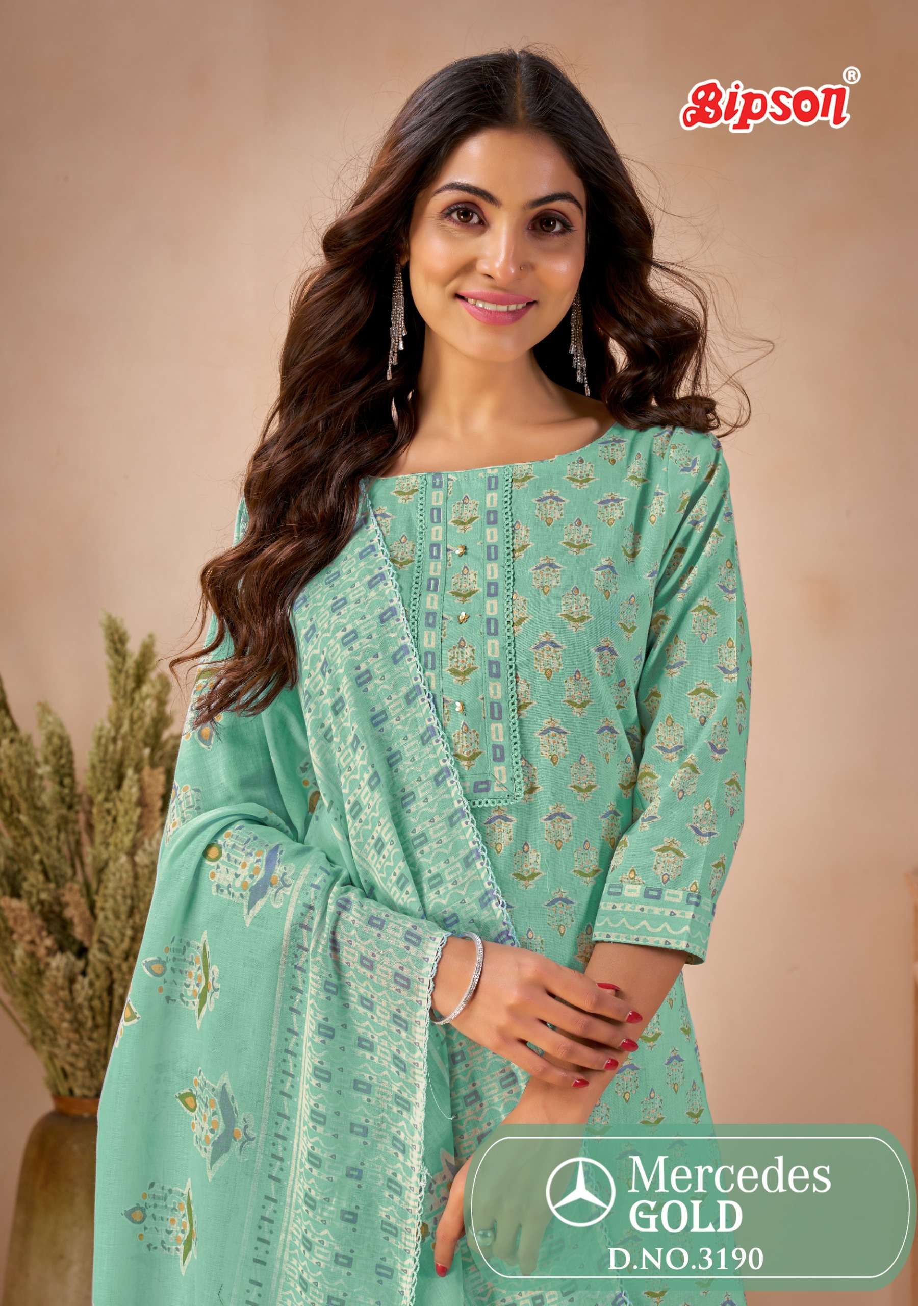 BIPSON PRINTS MERCEDES GOLD 3190 COTTON FABRIC SALWAR SUIT F...