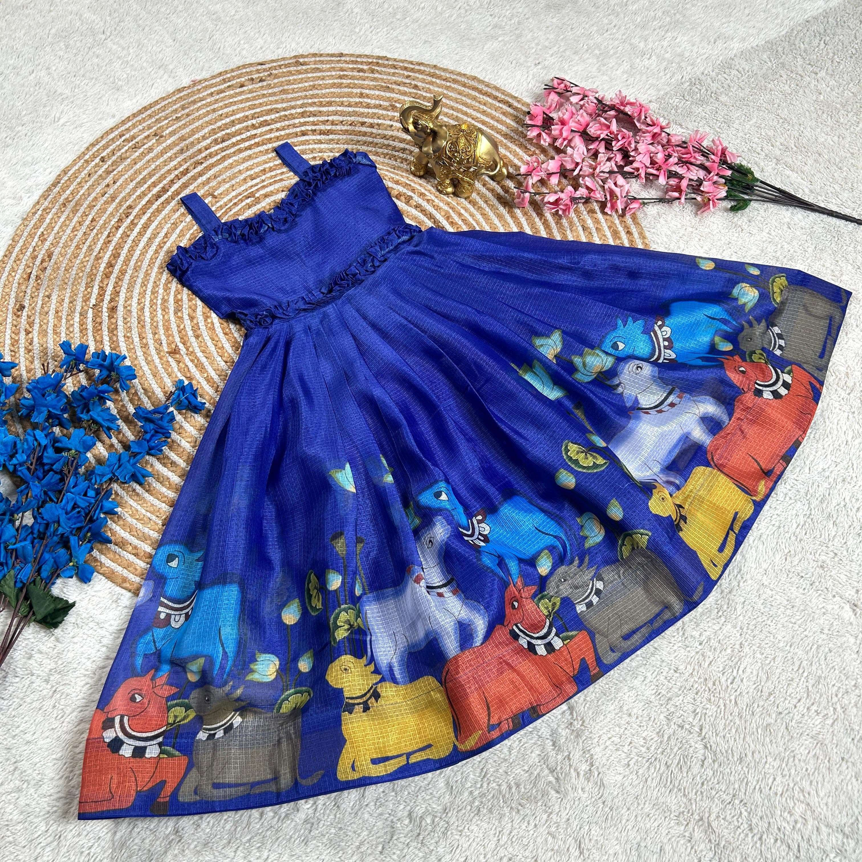 BLUE SHADES KOTA CHEX FABRIC KALAMKARI PRINTED KIDS SPECIAL ...