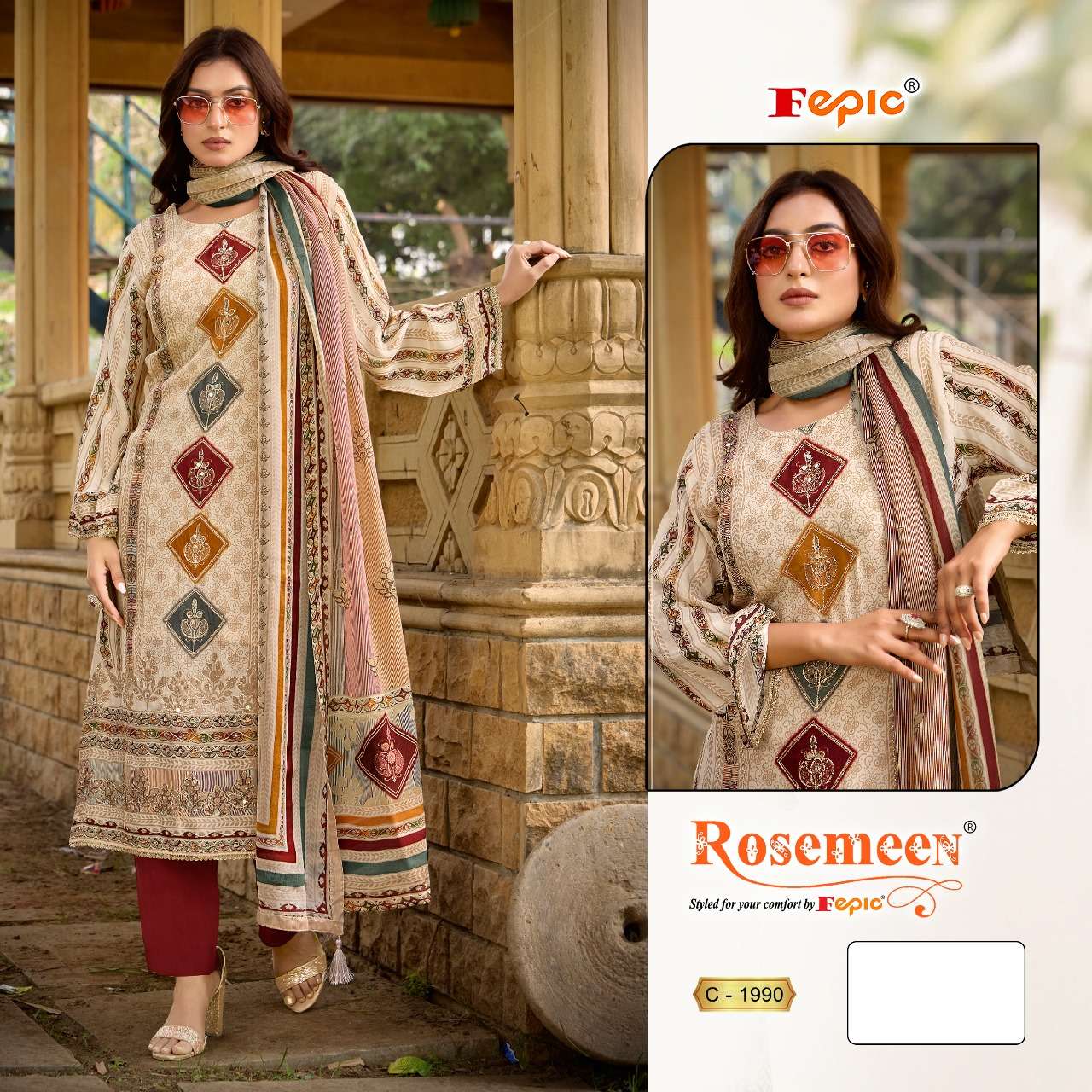 FEPIC ROSEMEEN C 1990 FESTIVAL SEASON NATURAL CRAPE PRINT MA...