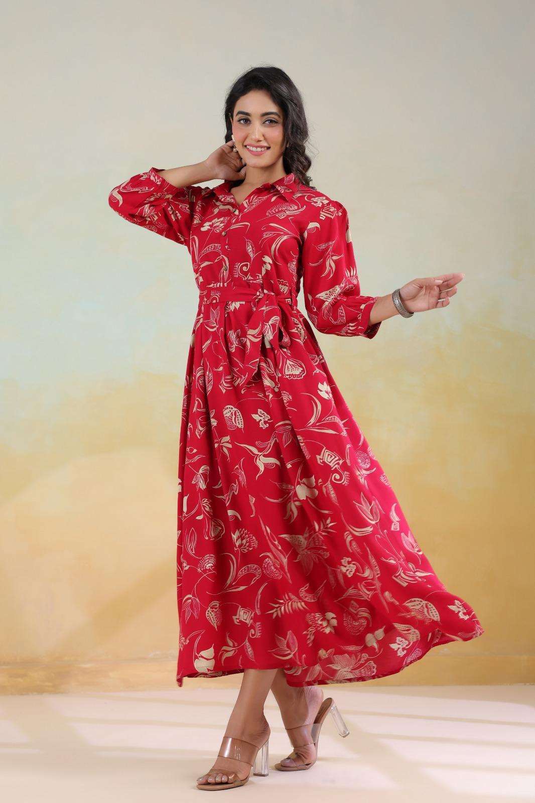 FF PATTERN FLAIR LONG GOWN WITH BELT FOR WOMEN TREND SUMMER ...