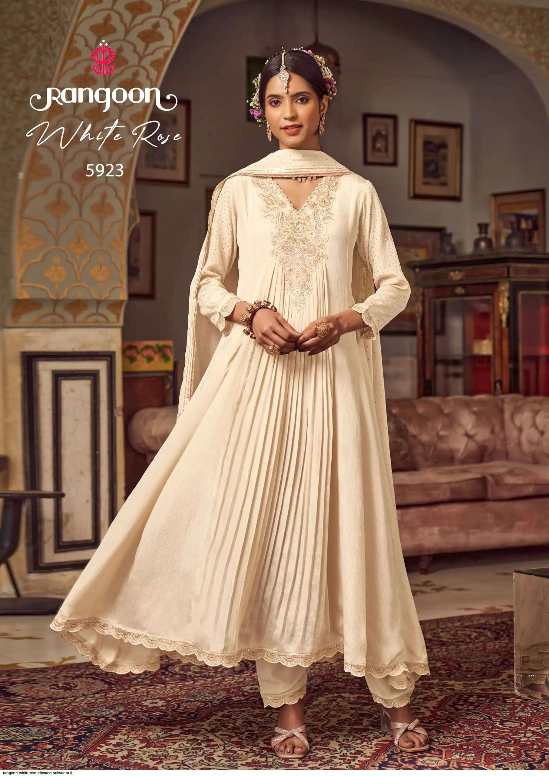 RANGOON WHITE ROSE PARTY WEAR CHINON FANCY WORK LONG GOWN SU...
