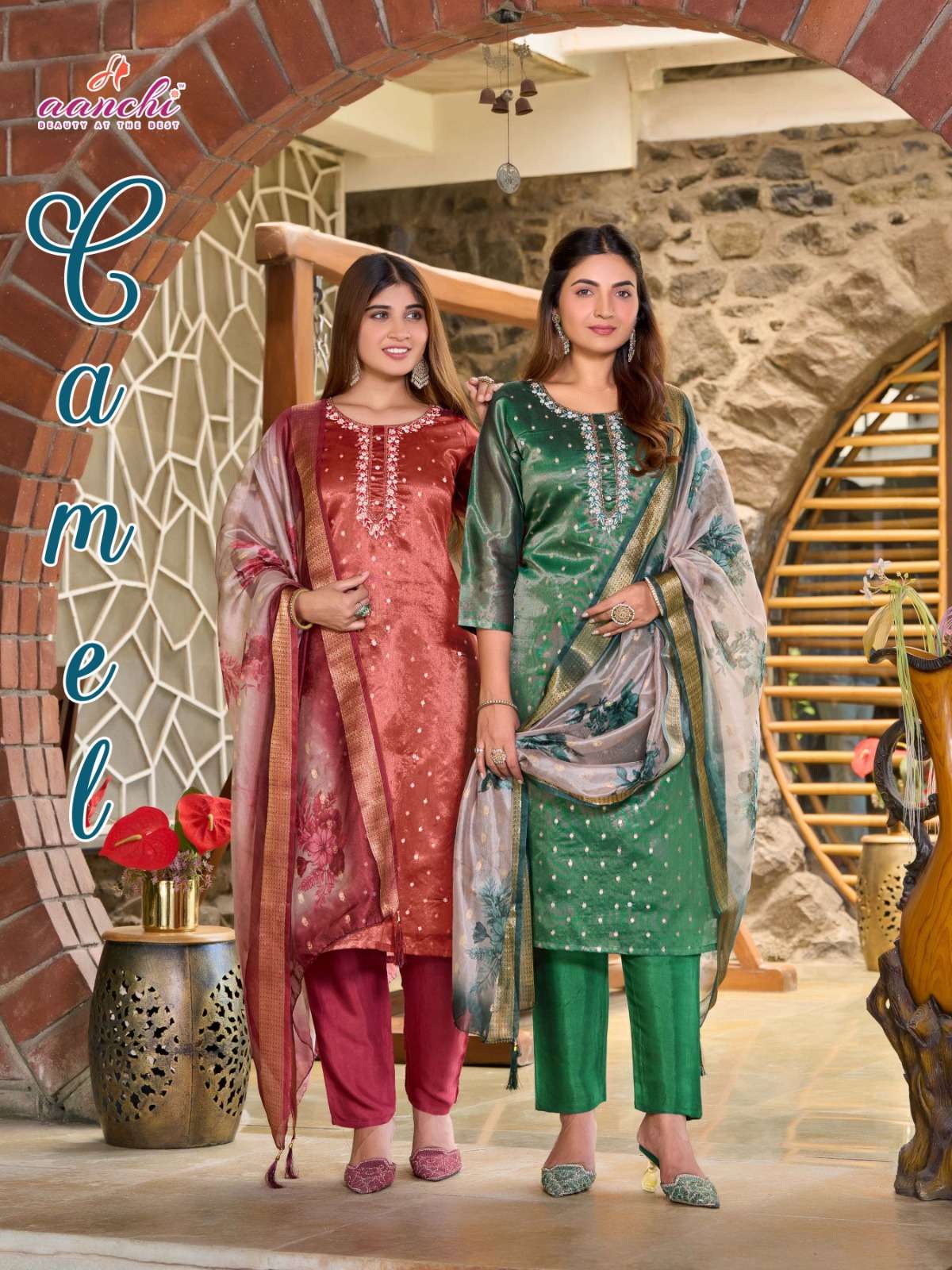 AANCHI CAMEL STYLISH SHIMMER FOIL KURTI PANT SUIT FOR WOMEN ...