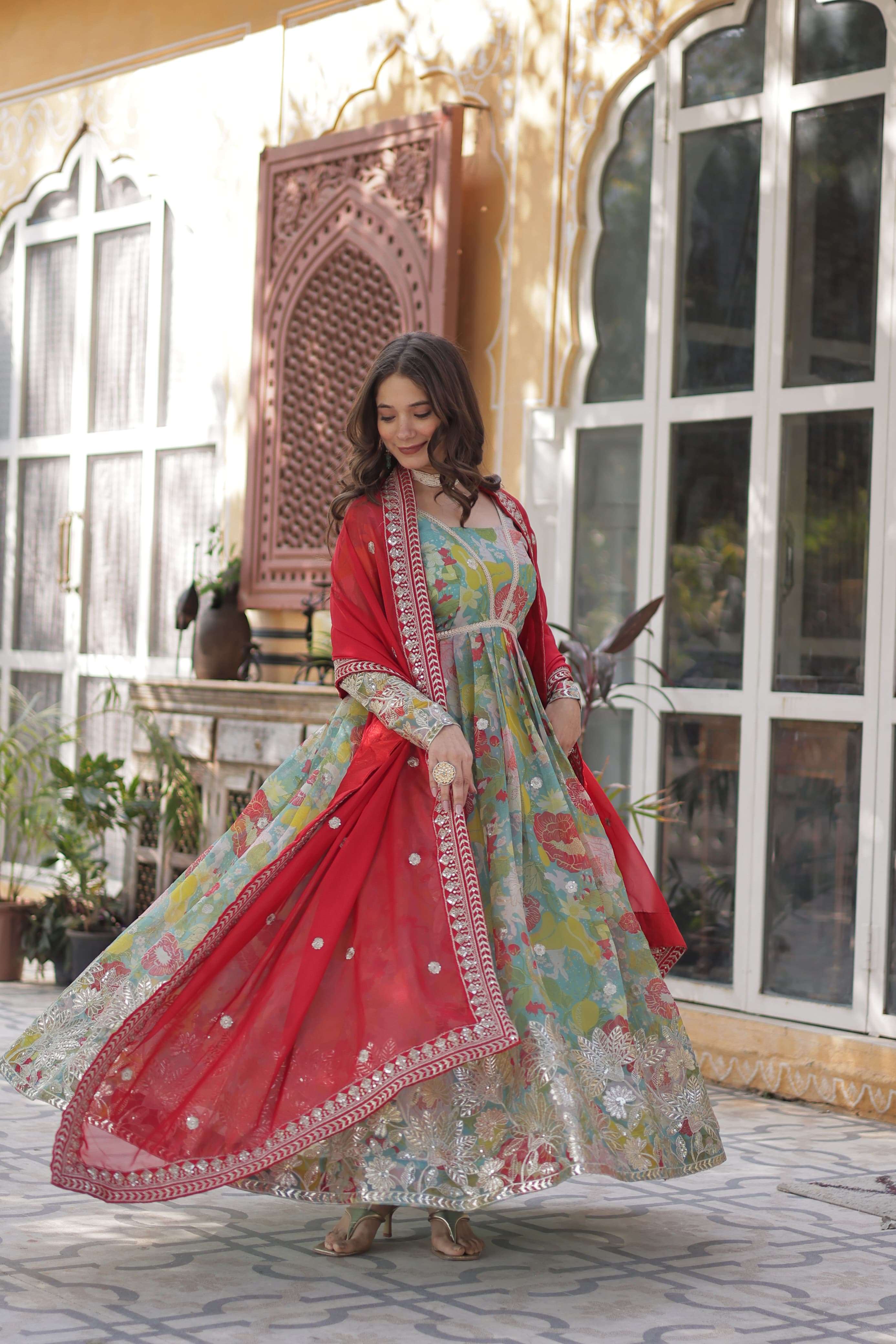 BEAUTIFUL DIGITAL PRINTED SILK FABRIC ANARKALI STYLE LONG SU...