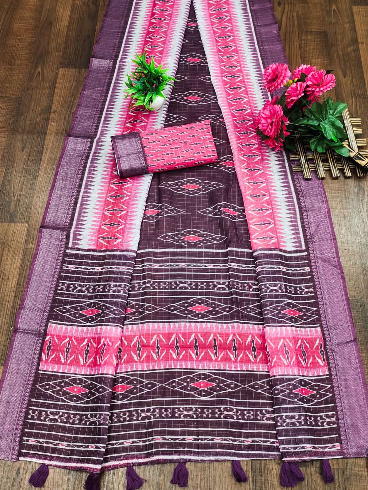 BEAUTIFUL FLOWER PRINTED LINEN FABRIC FANCY LOOK SAREE COLLE...