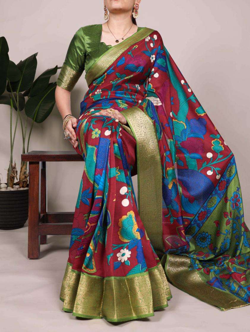 BEAUTIFUL KALAMKARI PRINTED SOFT SILK SAREE COLLECTION YNF 7...