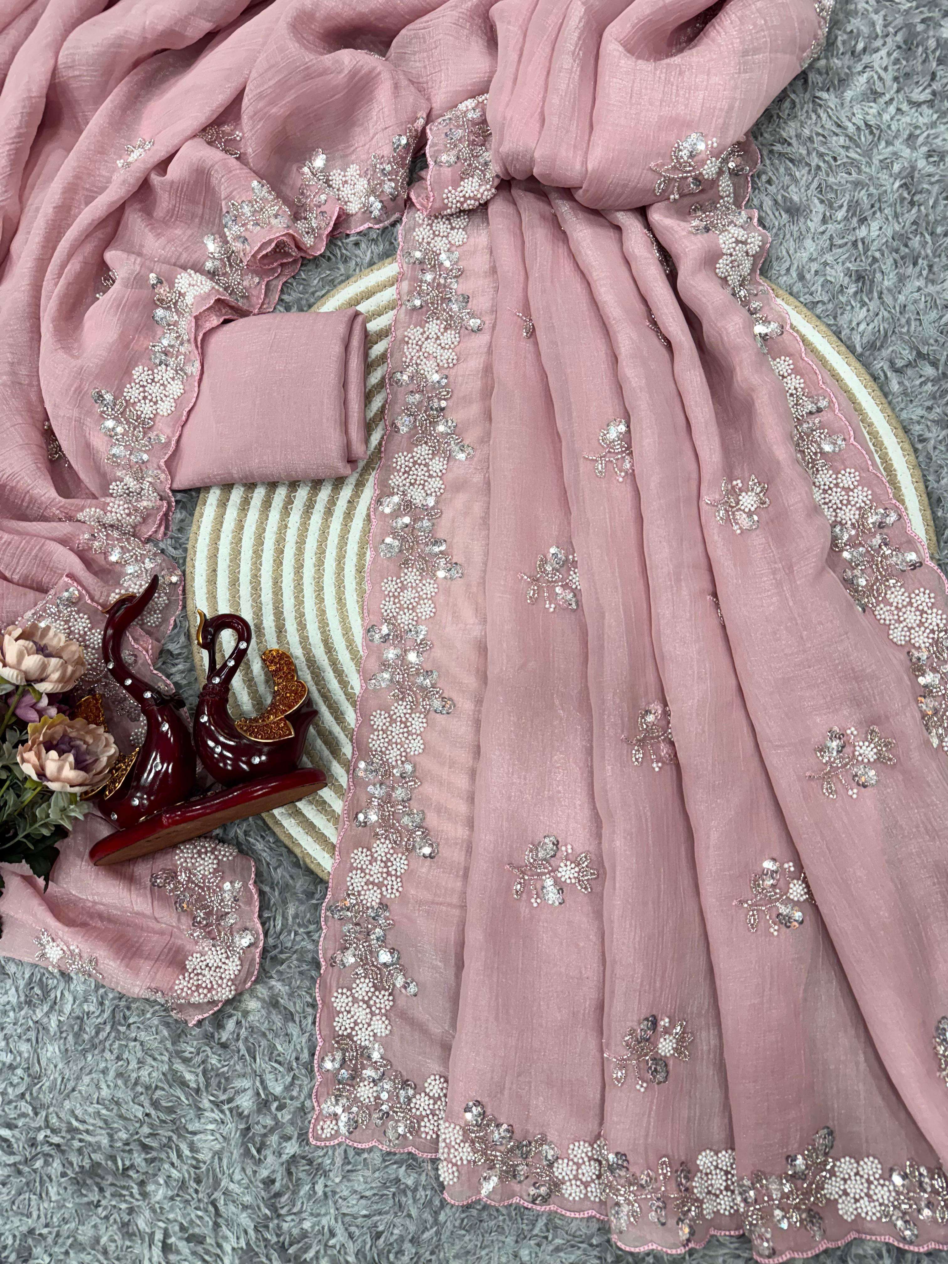 BEAUTIFUL KATDANA AND PEARLS WORK CRUSH FABRIC SAREE SUPPLIE...