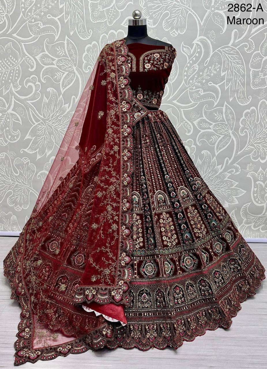 BRIDAL VELVET MAROON HEAVY LEHENGA CHOLI WEDDING DAY SUPPLIE...