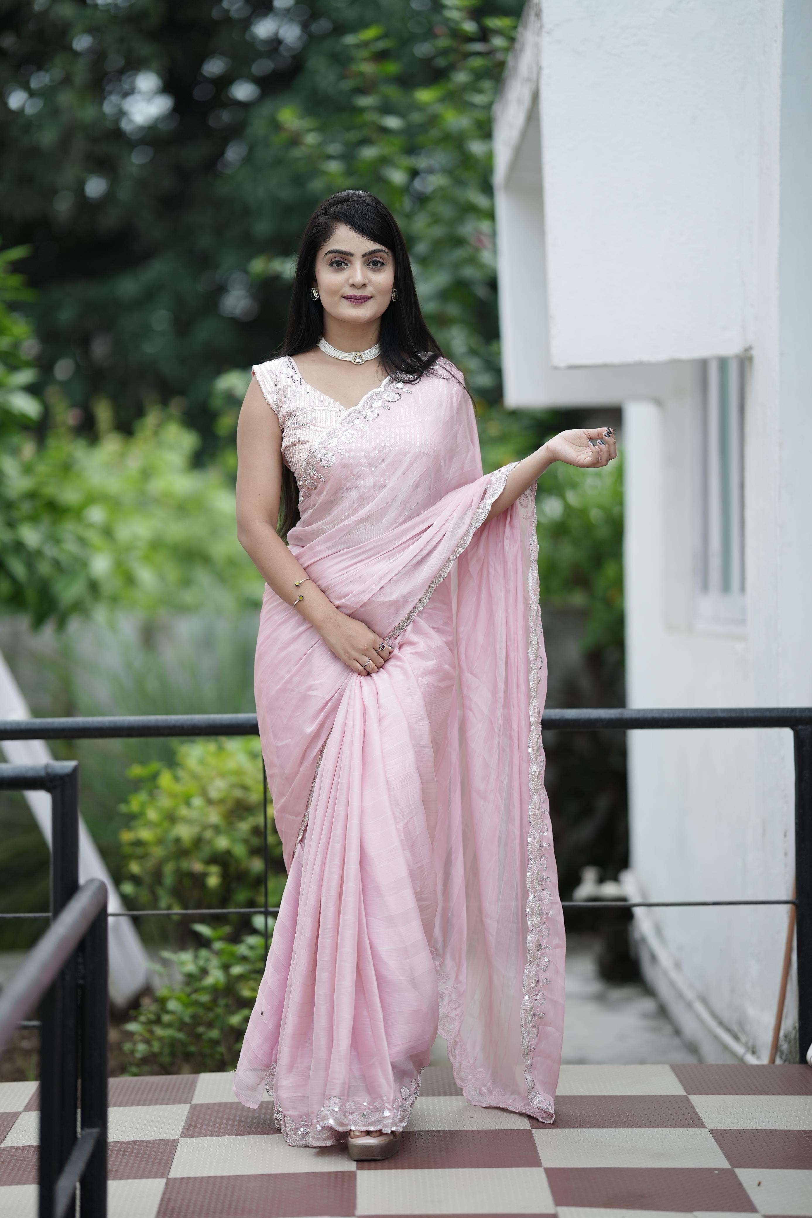 Chiffon fabric party wear style fancy sequence work border s...