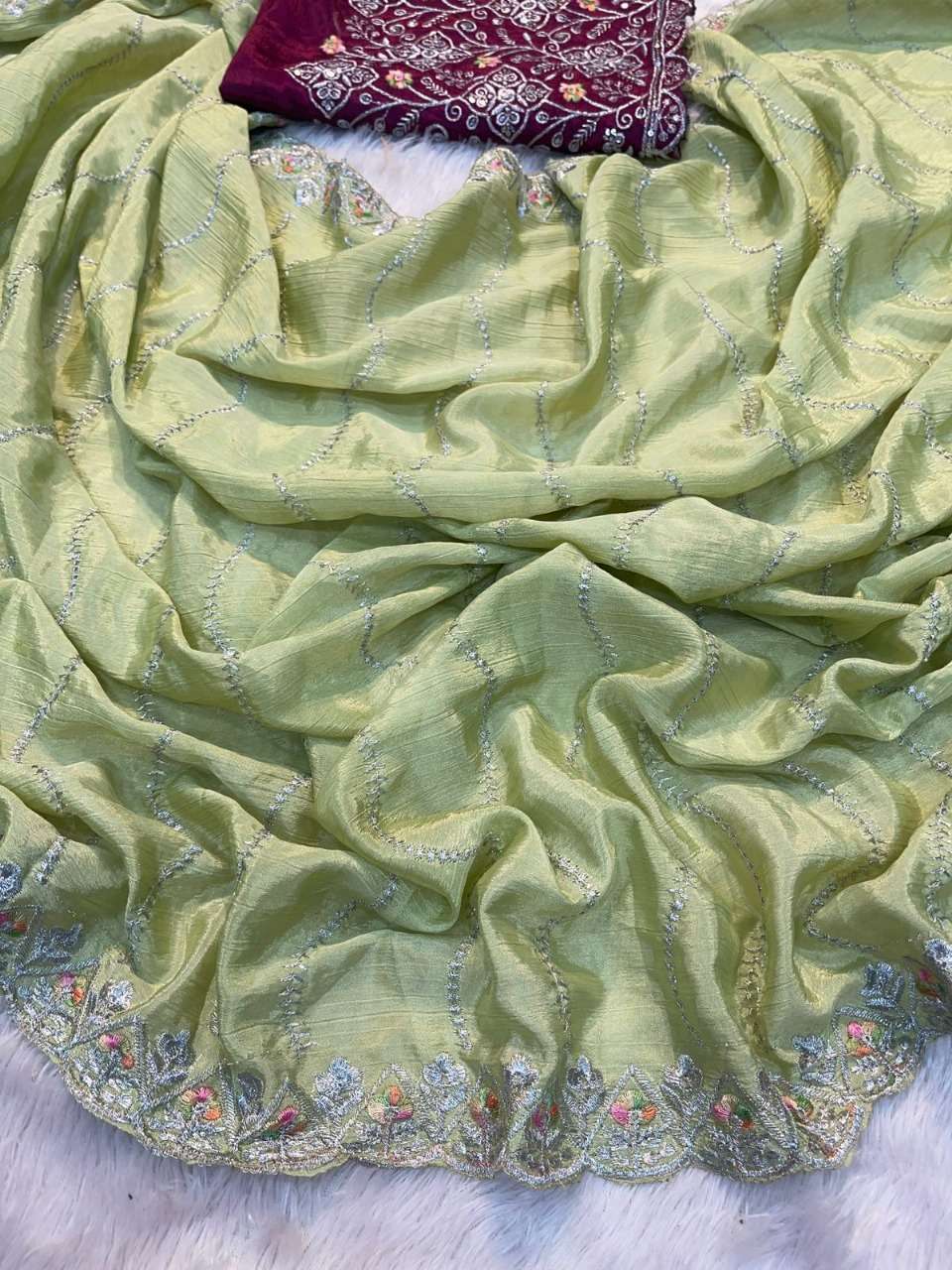 CHINON SILK EMBROIDERY WORK BORDER FUNCTION SPECIAL SAREE CO...