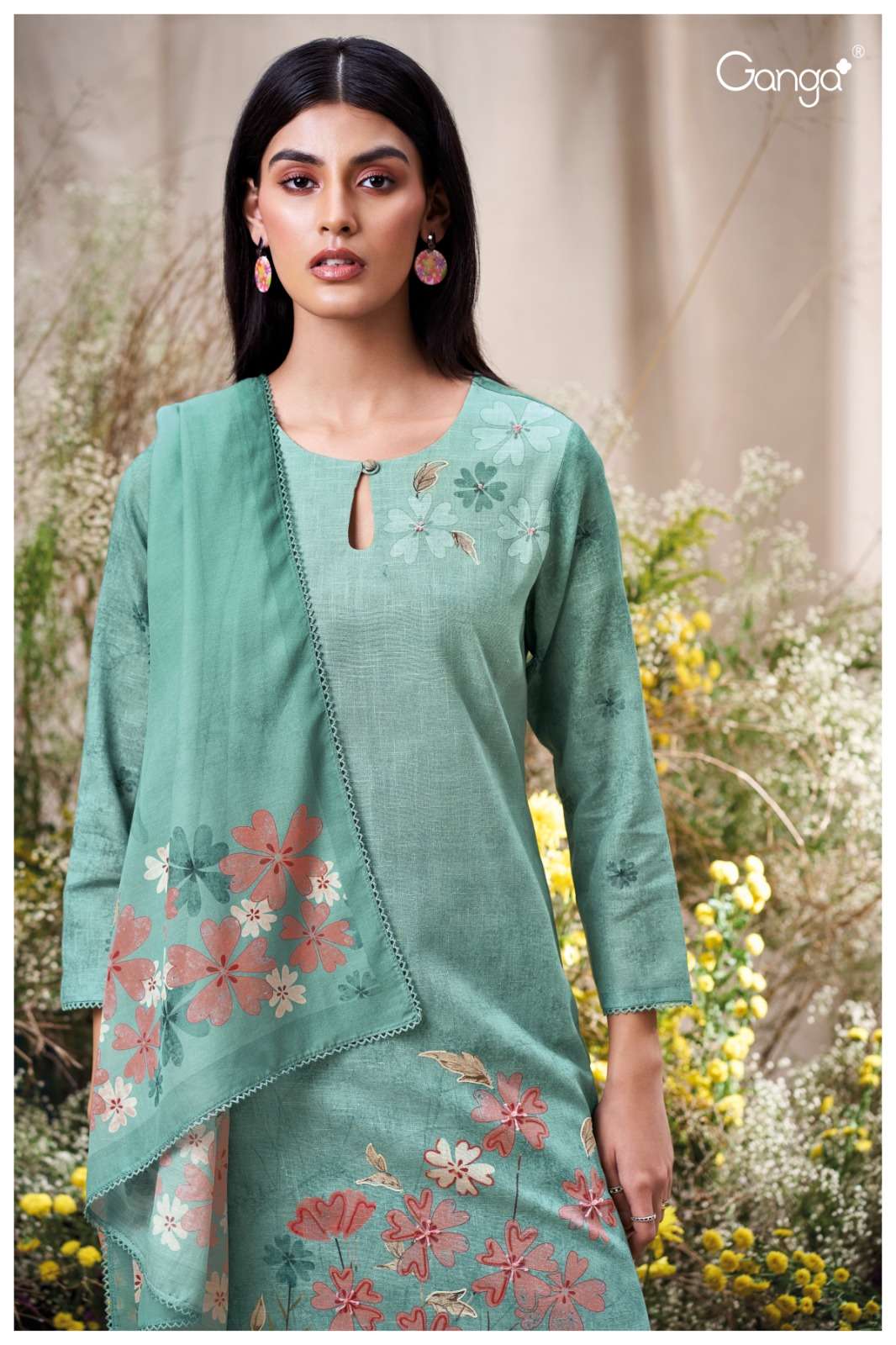 GANGA ELA 3566 COTTON LINEN PRINTED PALAZZO SUIT WHOLESALE