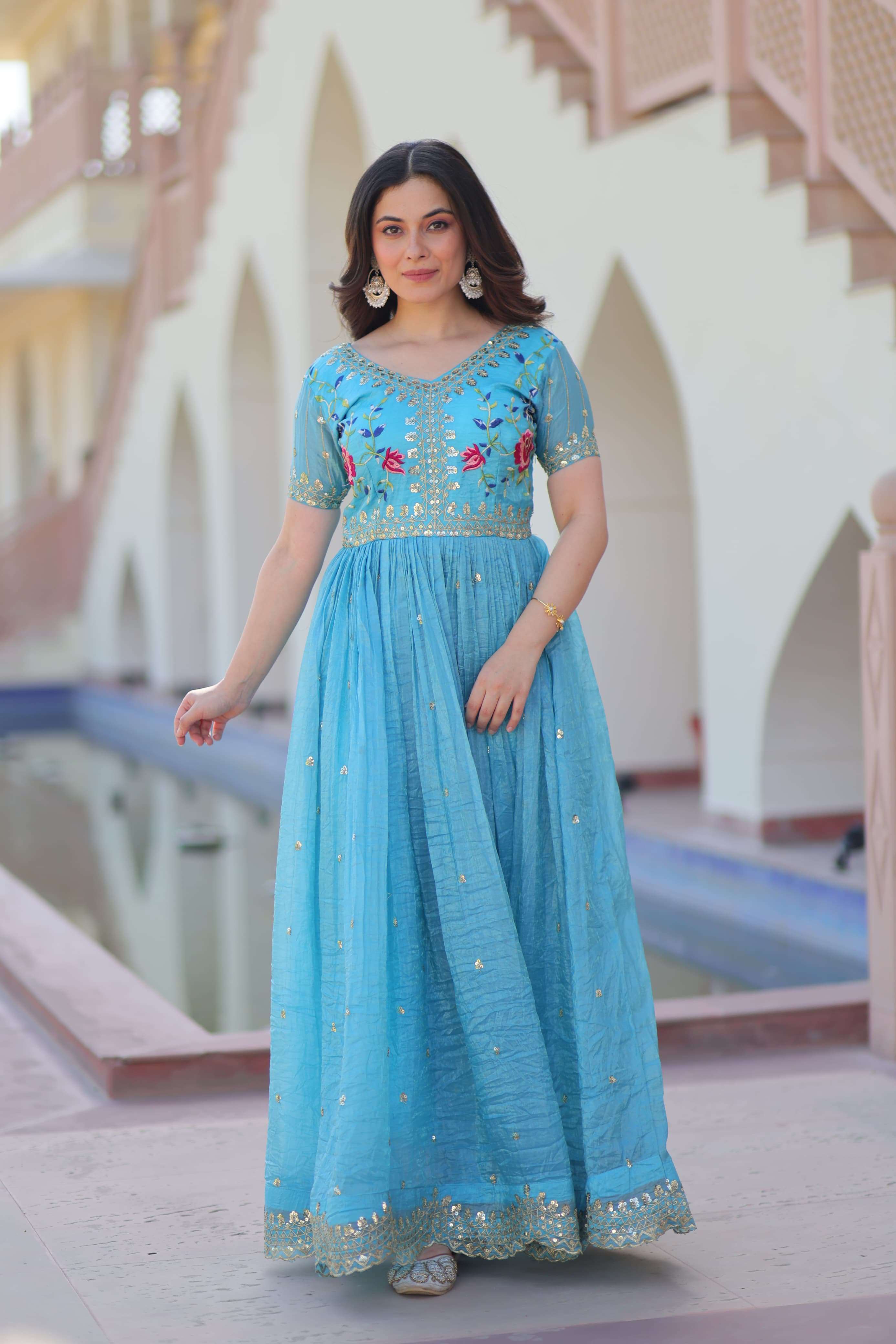 GOLDEN CRUSH FABRIC LONG ANARKALI STYLE NECK HAND WORK DESIG...