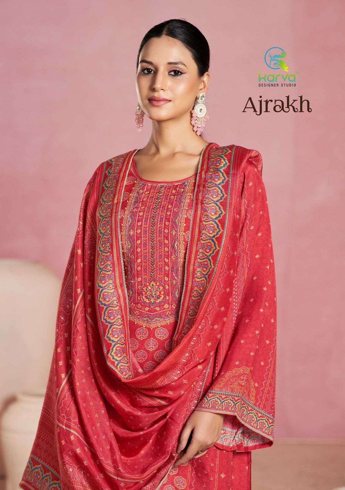 KARVA DESIGNER STUDIO AJRAKH VISCOSE DIGITAL SALWAR SUIT UNS...
