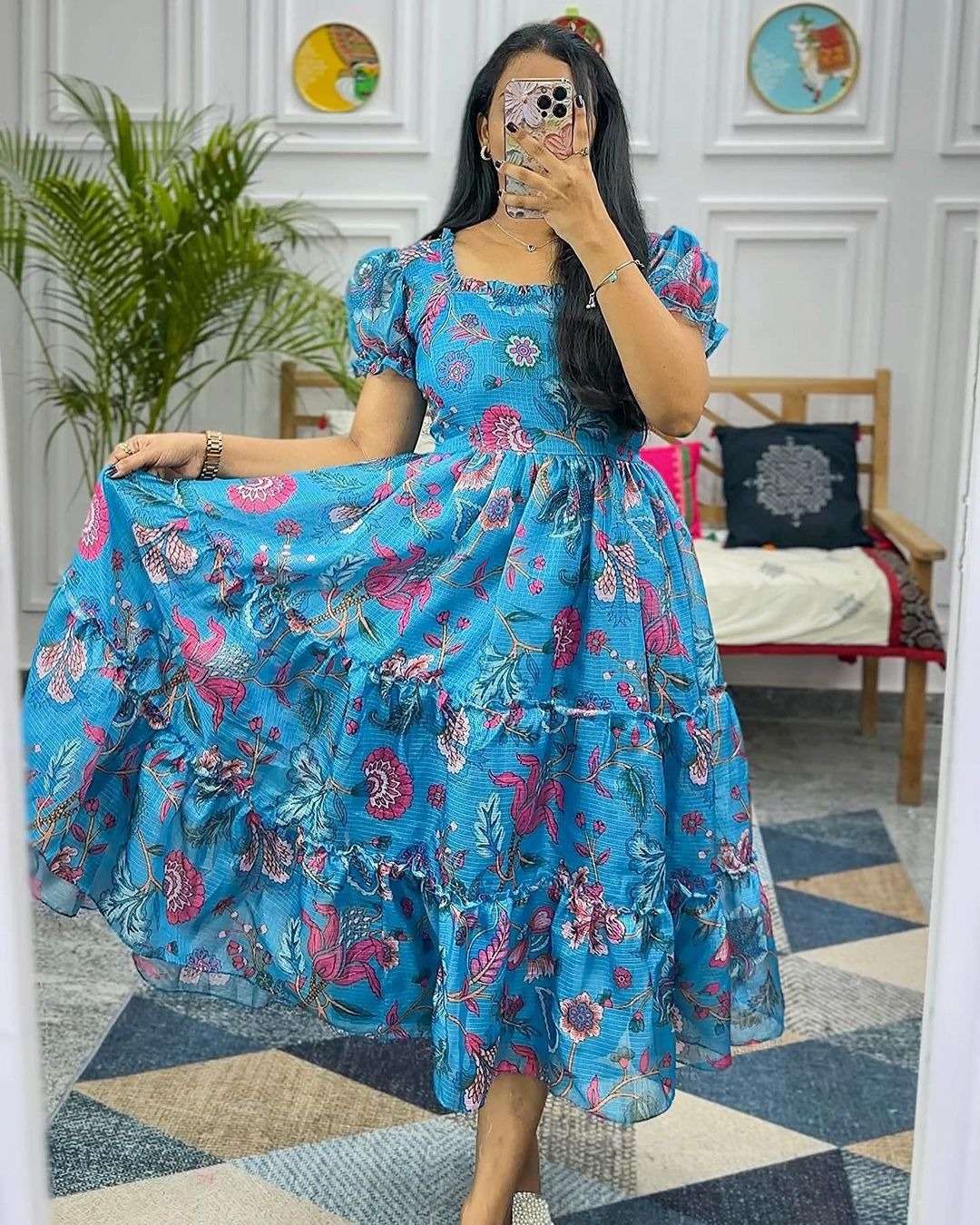 BLUE DIGITAL KOTA PRINT BEAUTIFUL DRESS READY MADE WHOLESALE...