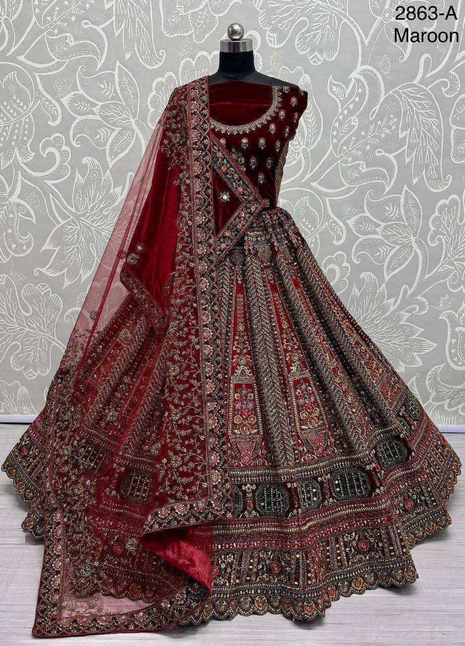 MAROON RAJASTHANI VELVET BRIDAL LEHENGA CHOLI FOR WEDDING SU...