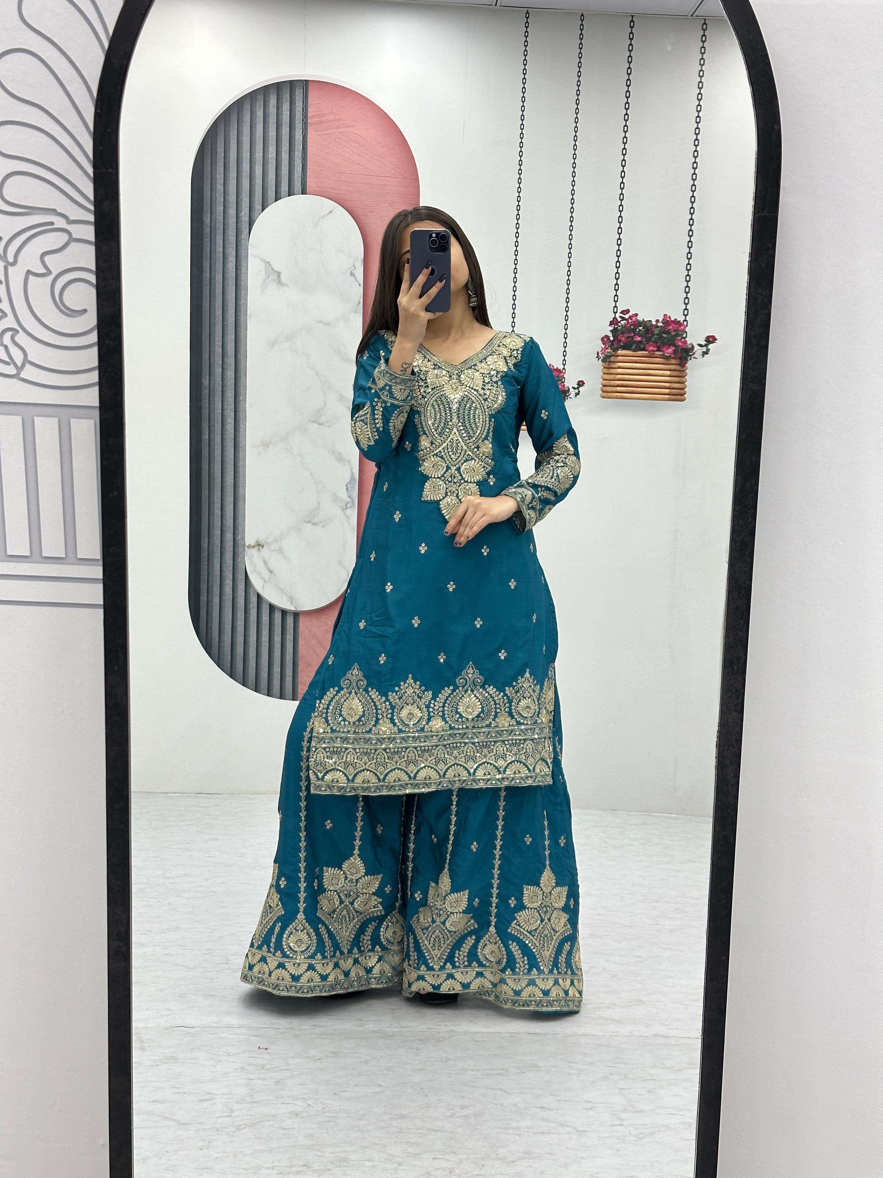 Pf 37 Chinon Silk embroidery work readymade designer suits s...