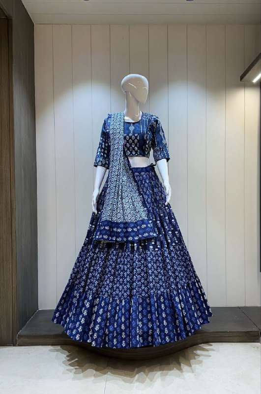 POOJA FESTIVAL COTTON DESIGNER BLUE COLOR LEHENGA CHOLI RESE...