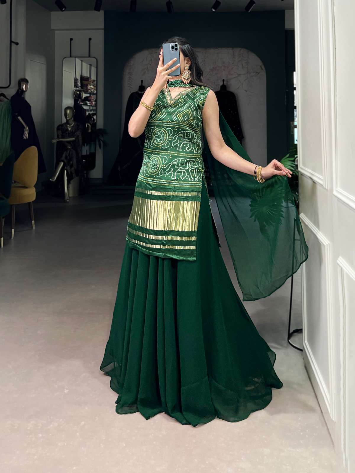 PURE GAJI SILK BANDHEJ DESIGN TRADITIONAL LOOK READYMADE SUI...