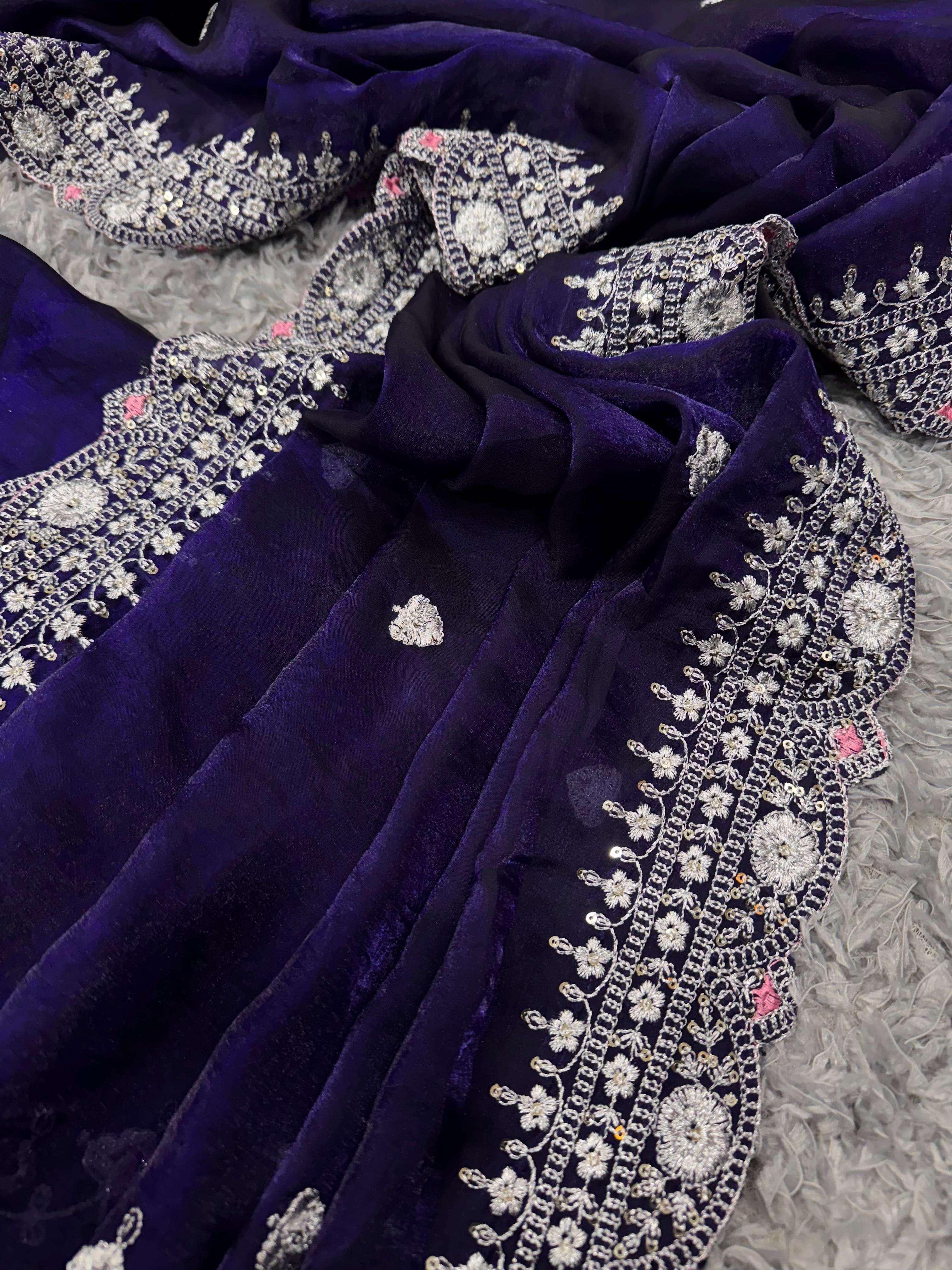 ROYAL BLUE SHADES EMBROIDERY WORK SILK FABRIC SAREE SUPPLIER...