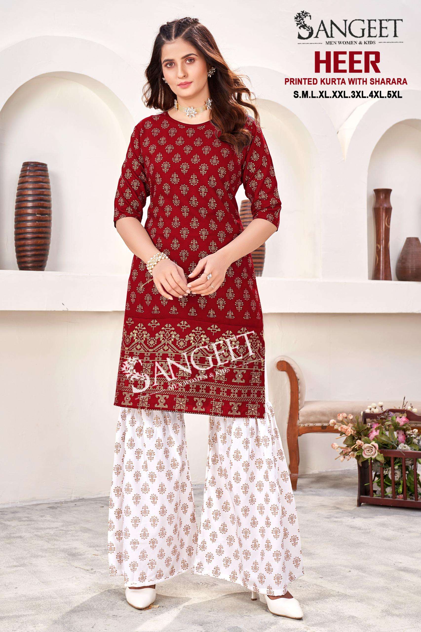 SANGEET HEER RAYON FOIL PRINT KURTI SHARARA SUIT FESTIVAL WE...