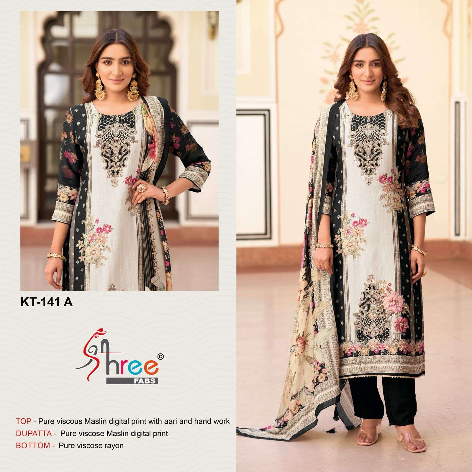 SHREE FABS KT 141 BLACK WHITE COLOR PRINT WORK UNSTITCH SUIT...