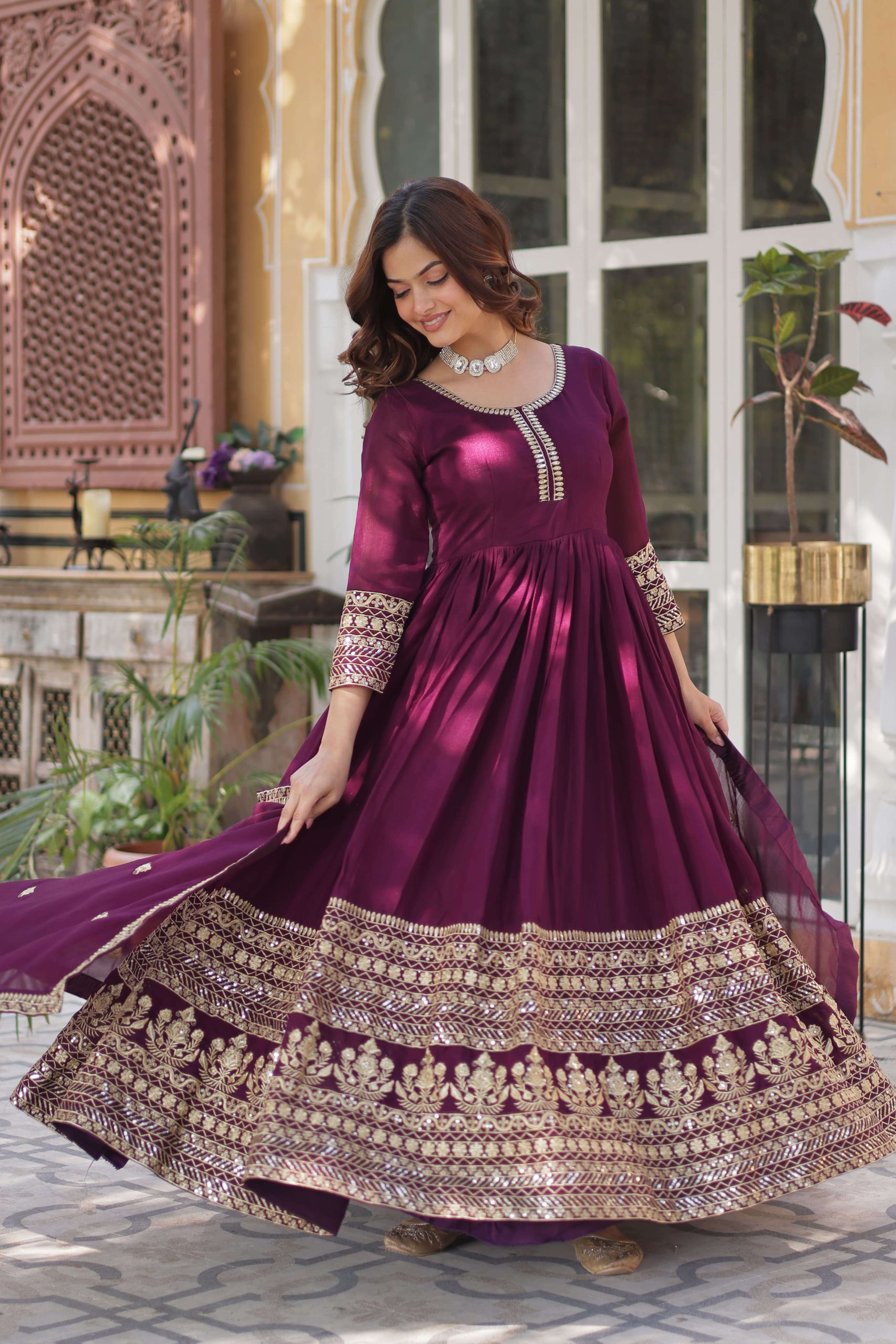 VICHITRA SILK LONG ANARKALI STYLE EMBROIDERY WORK READYMADE ...