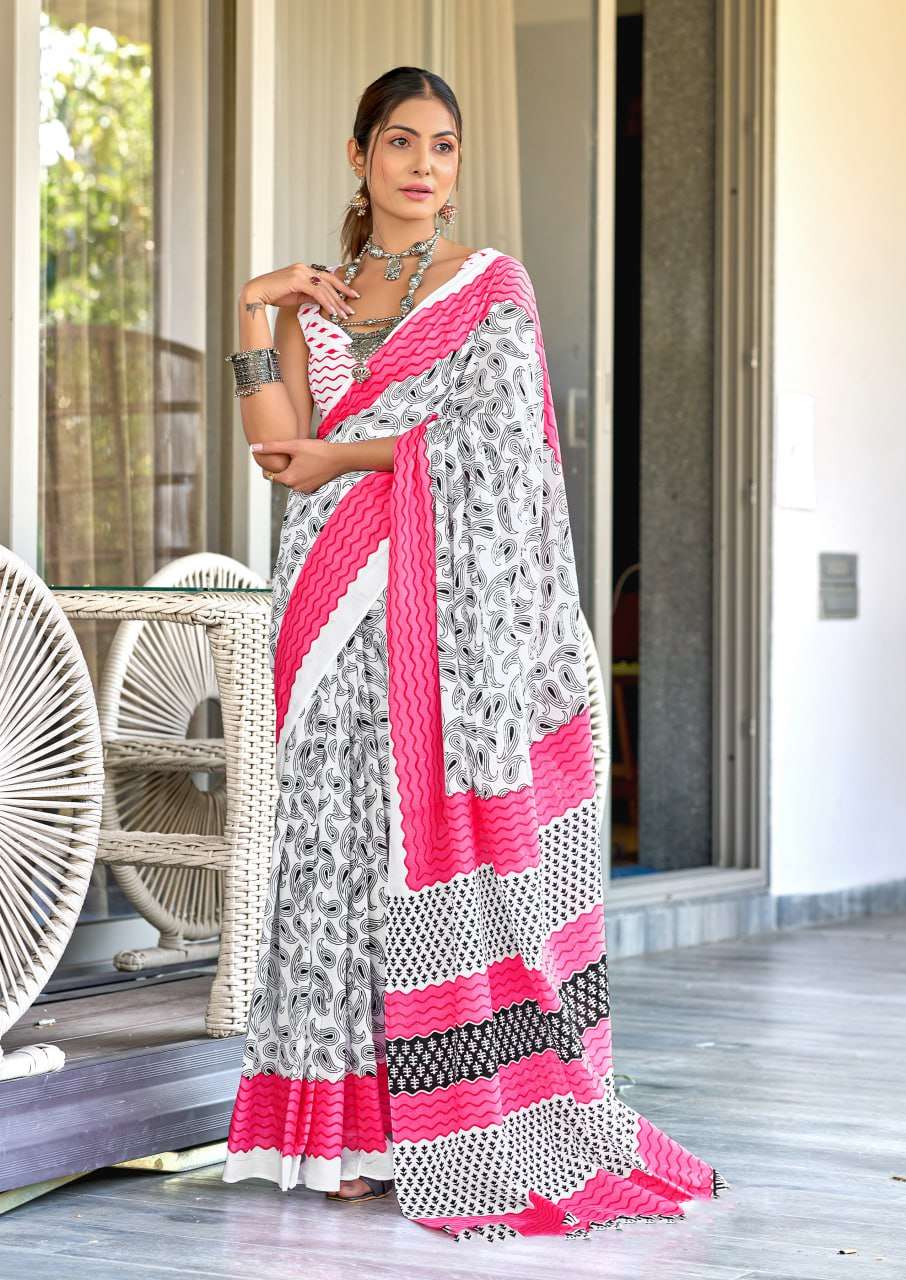 WHITE DESIGNER COTTON SAREE FOR FESTIVAL WEAR SUPPLIER SUMME...