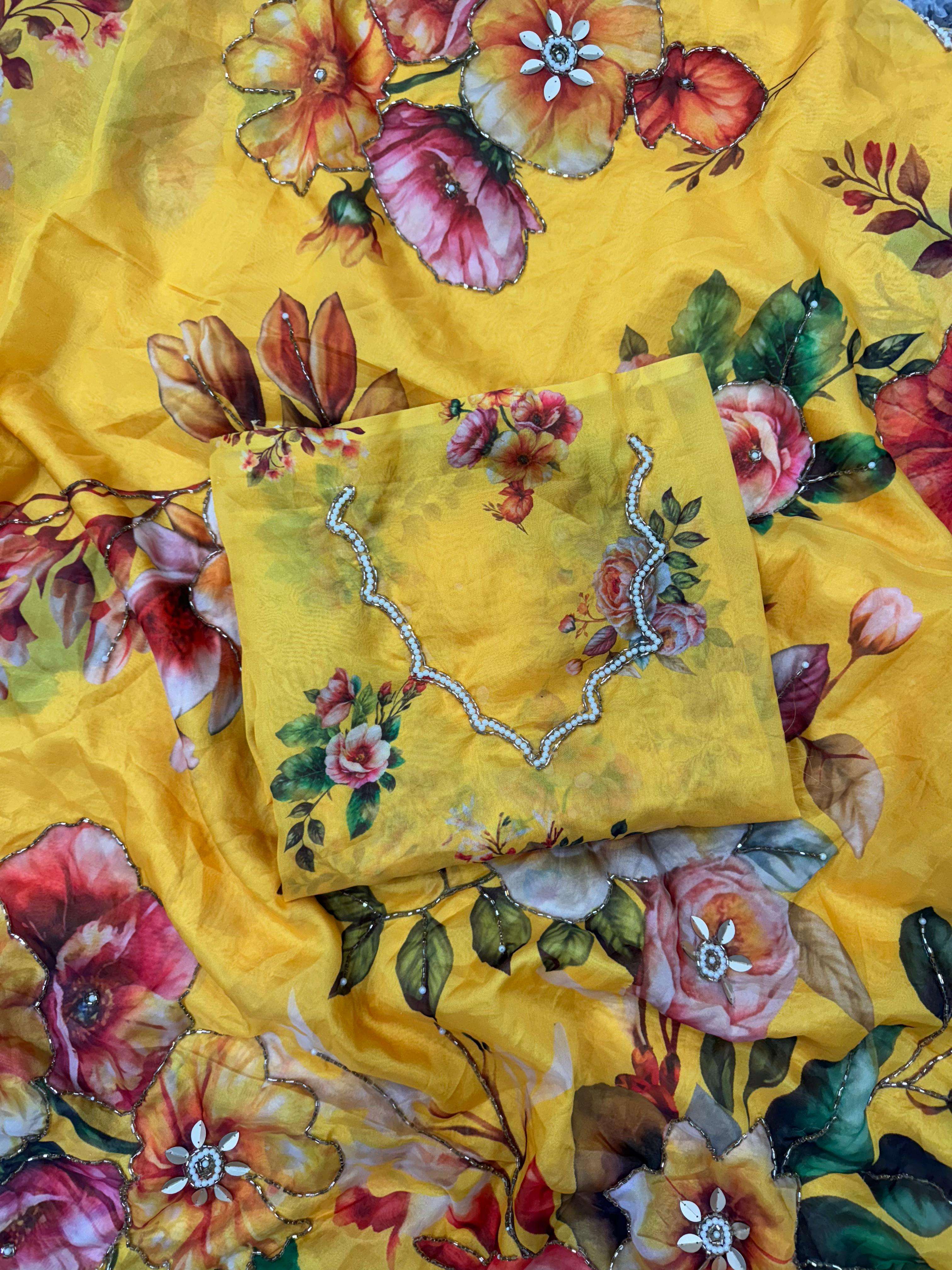 YELLOW SHADES FLOWER PRINTED SILK FABRIC FANCY BORDER SAREE ...