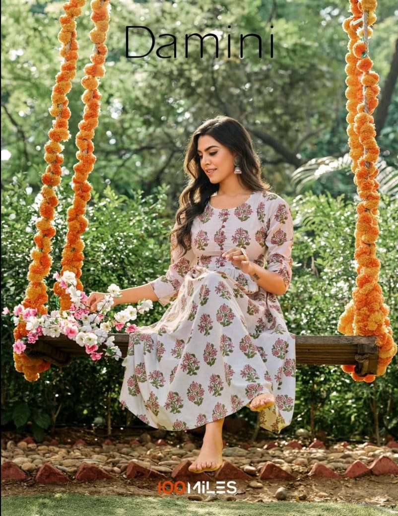 100 Miles Damini Printed Cotton Readymade Long Kurtis Collec...