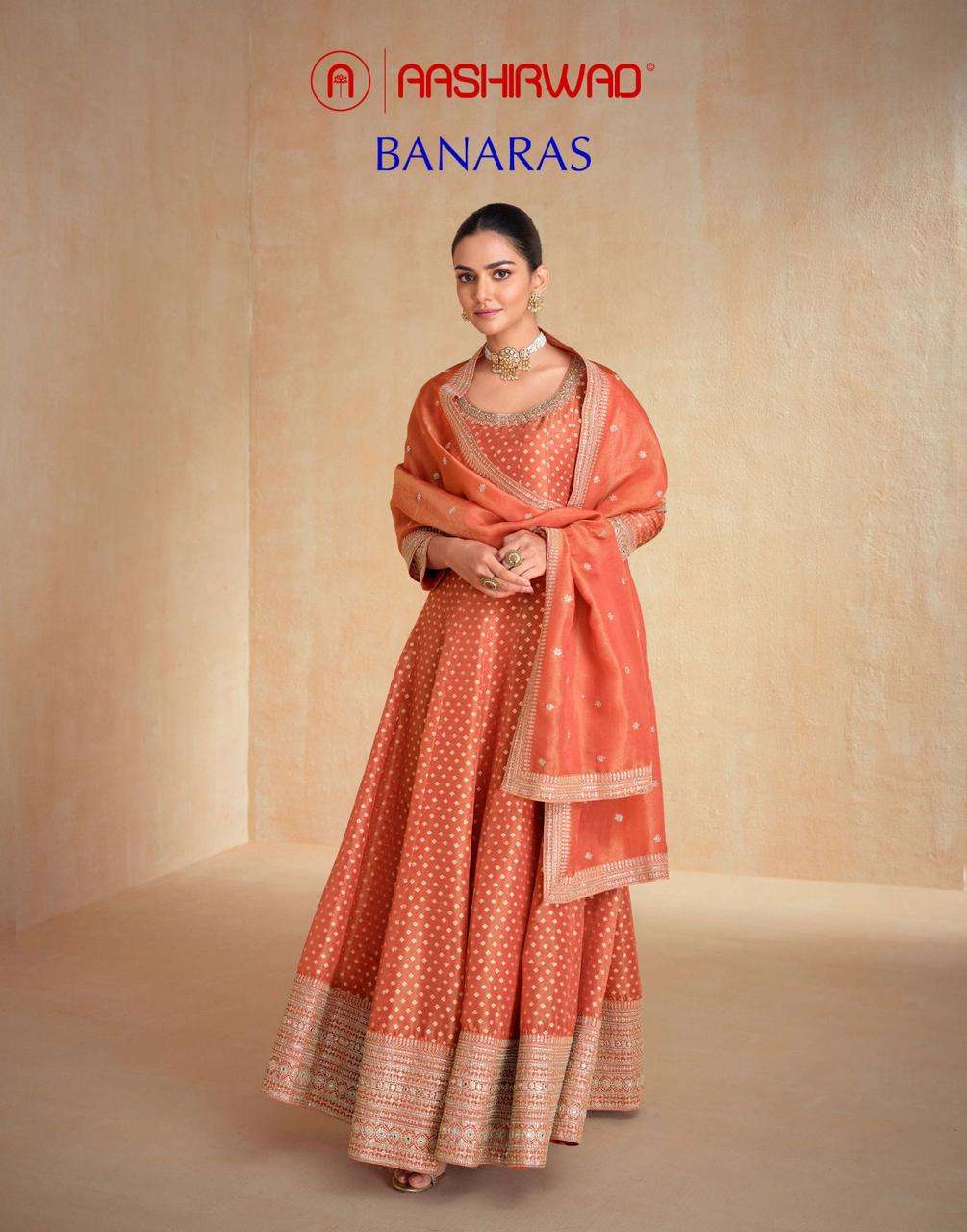 Aashirwad creation Banaras Long anarkali style Organza fabri...