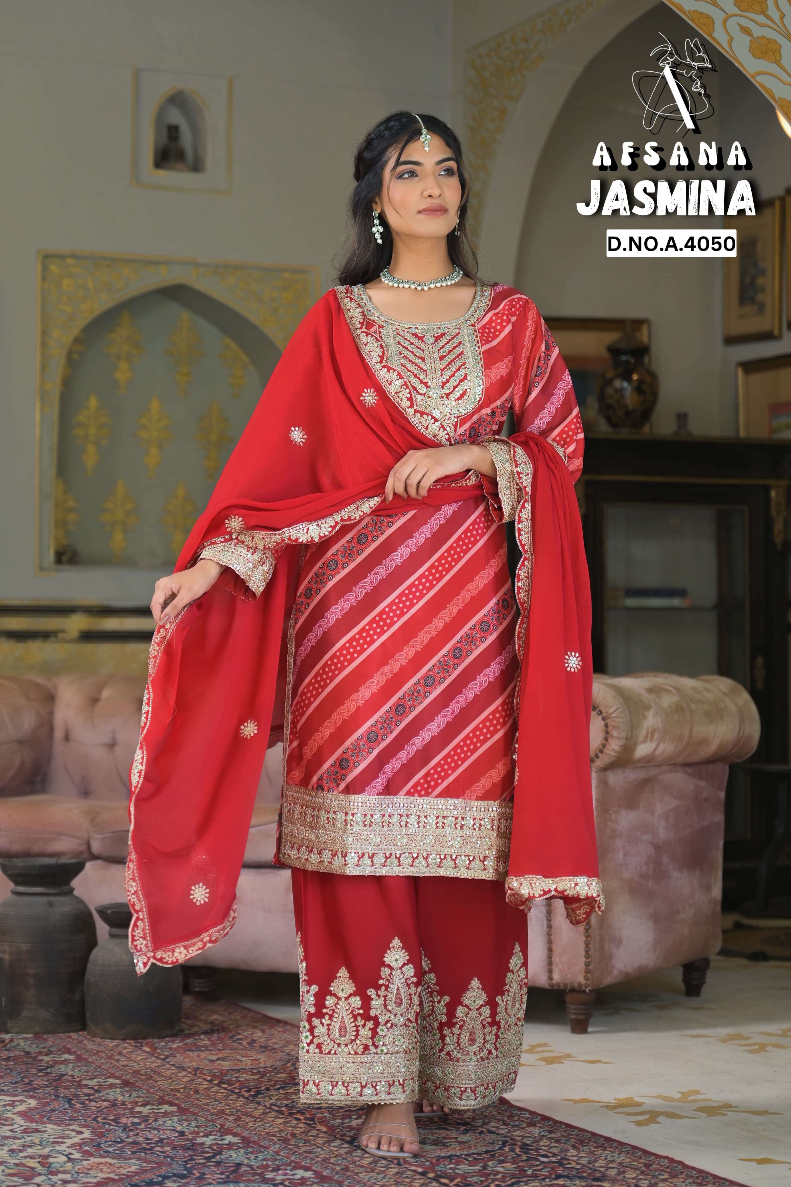 AFSANA JASMINA 4058 JAIPUR STYLE EMBROIDERY KURTI PALAZZO SU...