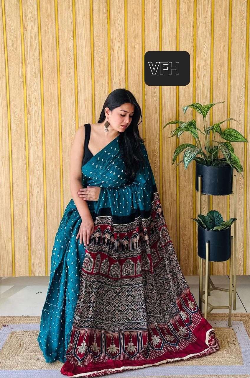 Ajrakh digital print modal silk sarees