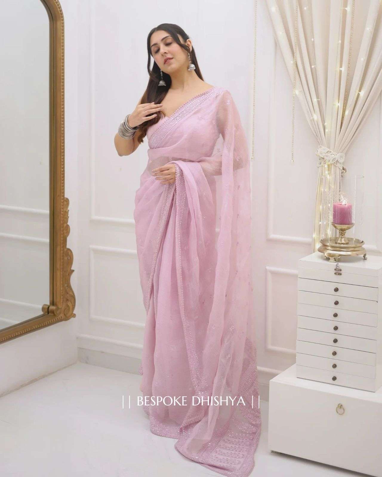 Baby pink shades Kota chex fabric fancy embroidery work sare...