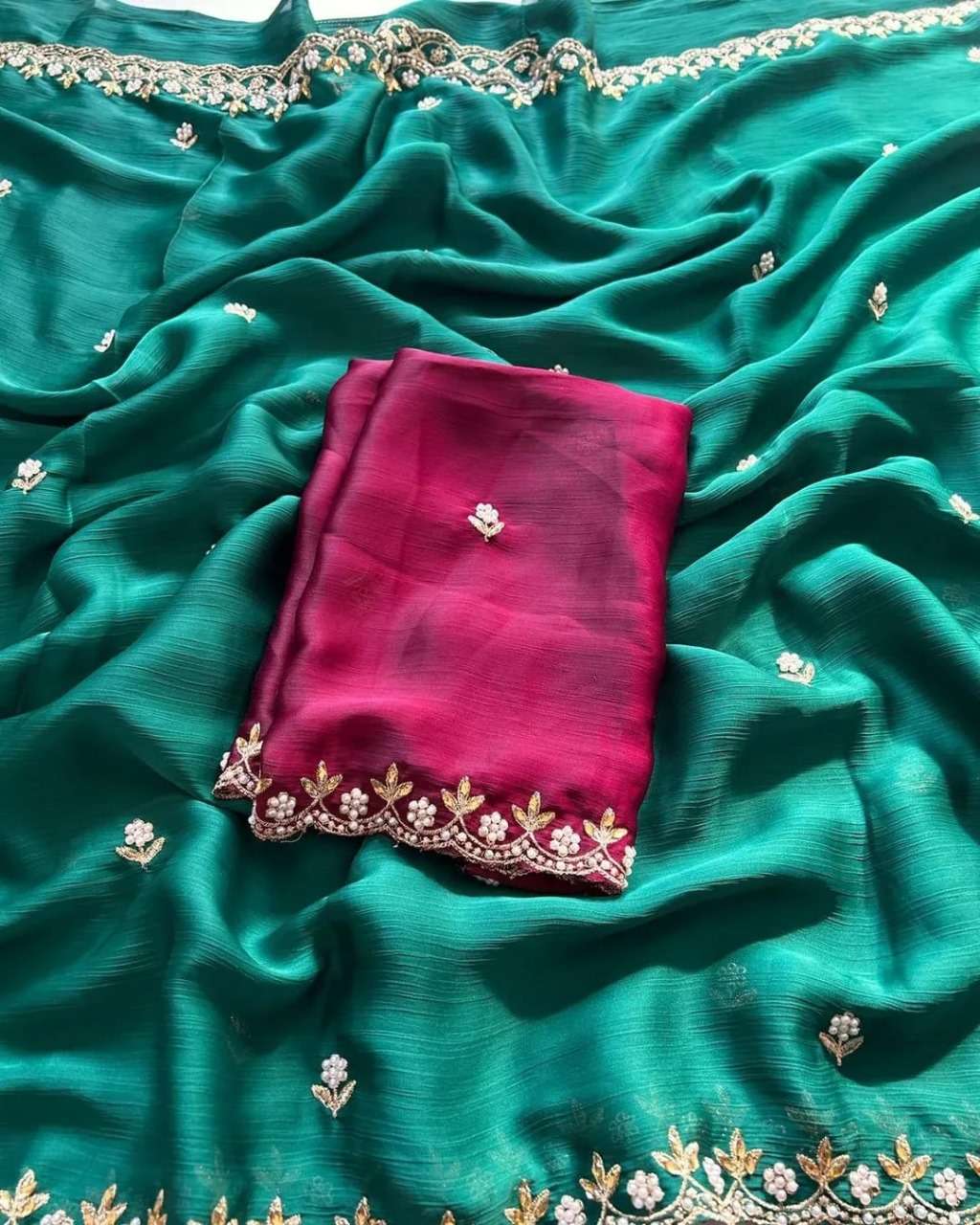BEAUTIFUL THREAD EMBROIDERY WORK BORDER SATIN CHIFFON FABRIC...