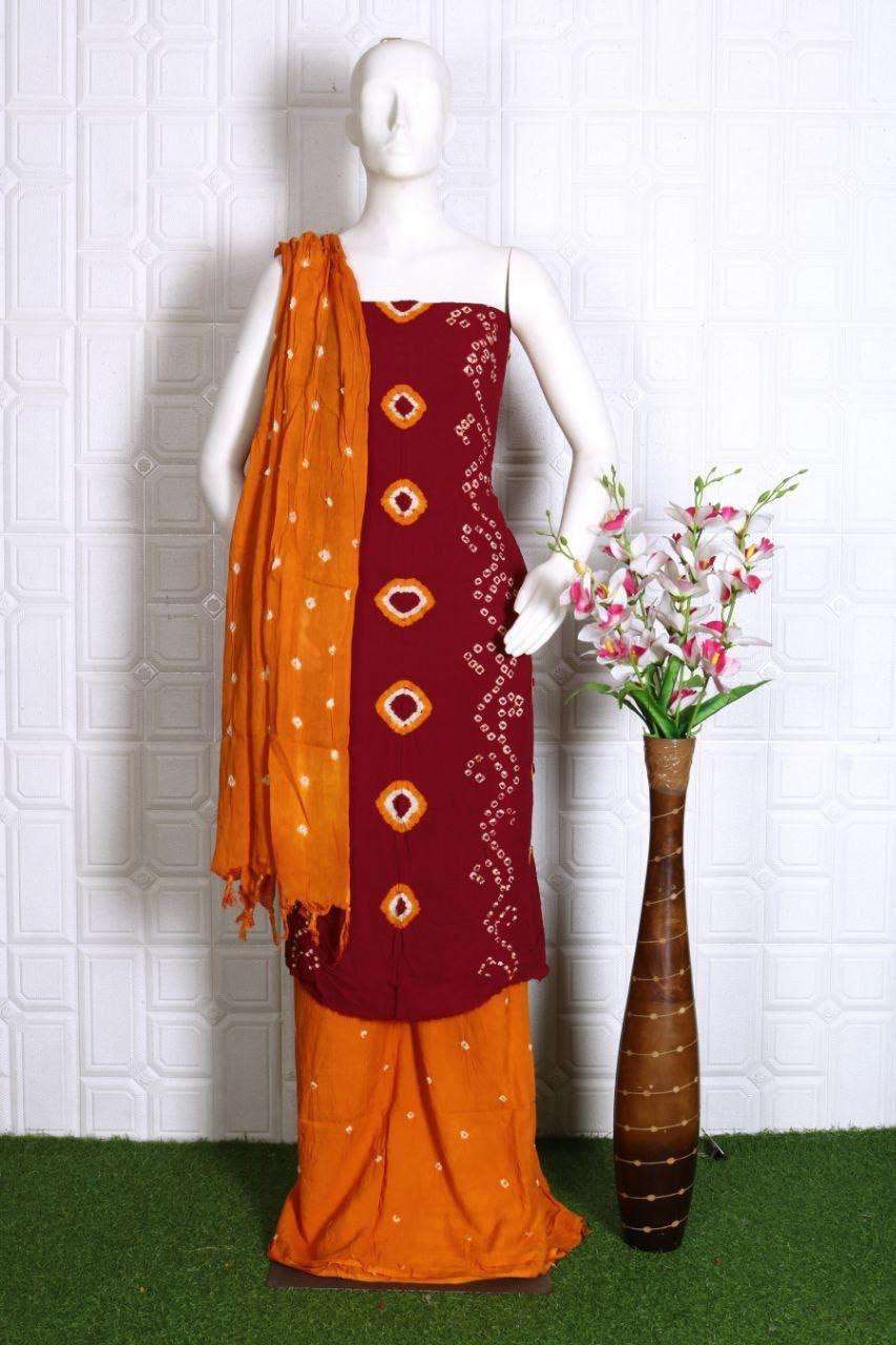 DESI WOMEN RAYON HAND BANDHEJ DRESS MATERIAL SET DEALER SHOP...