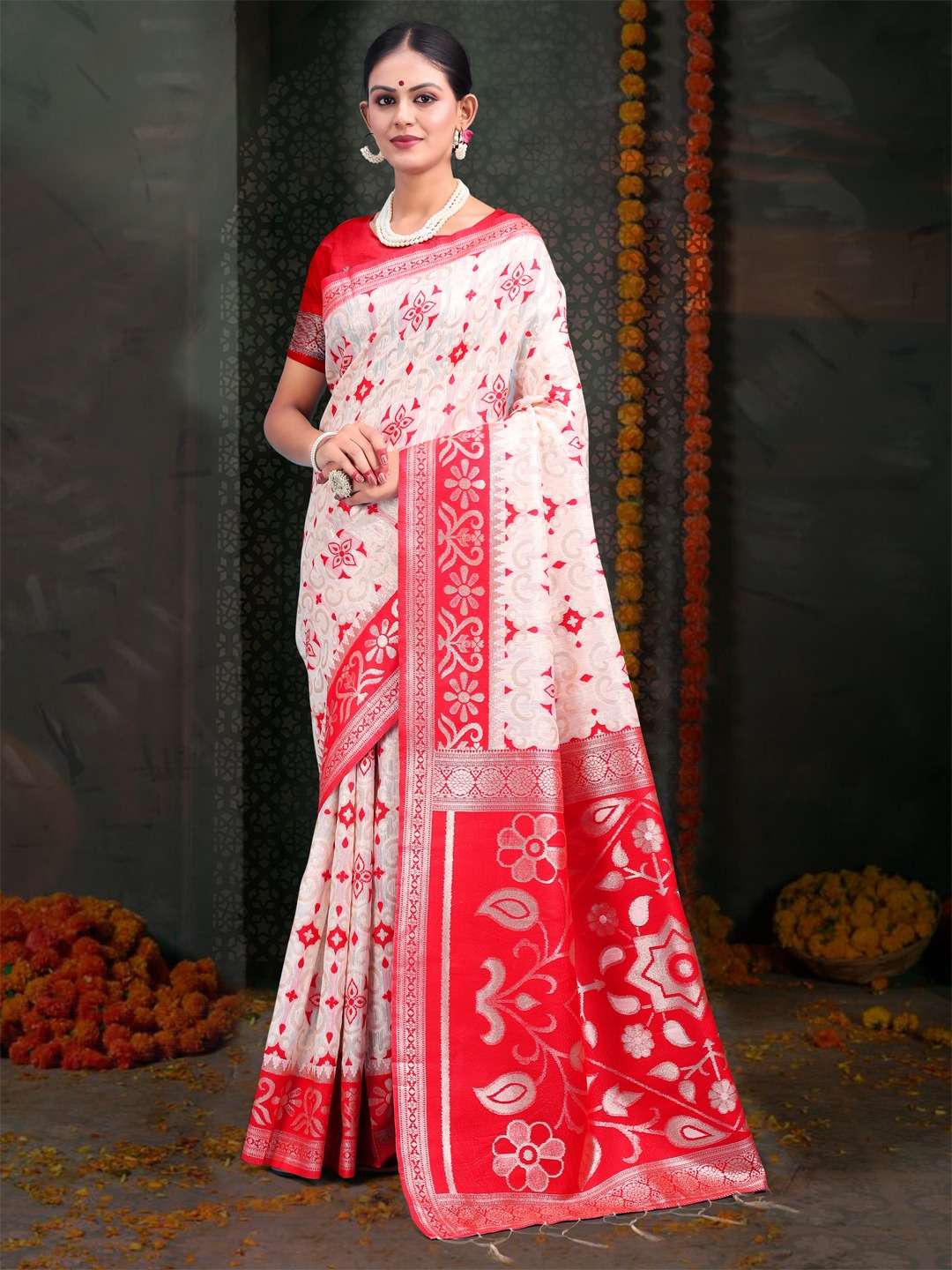 Durga pooja special red white shades linen cotton fabric sar...